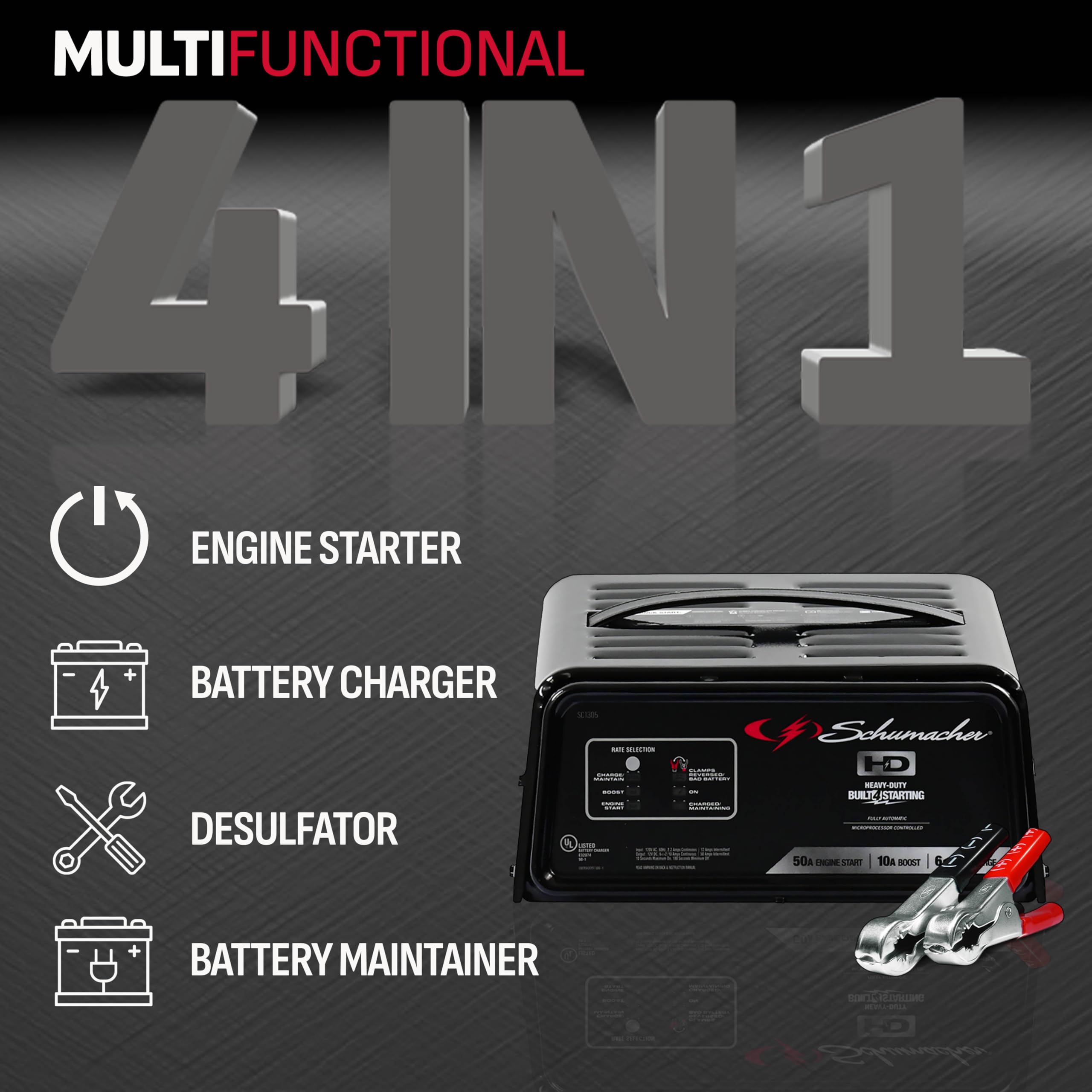 Schumacher Electric Fully Automatic Battery Charger and Engine Starter - SC1305, 4-in-1, 50 Amps, 10-Amp Boost Mode, 12 Volt for Car, SUV, Truck, and Marine Batteries