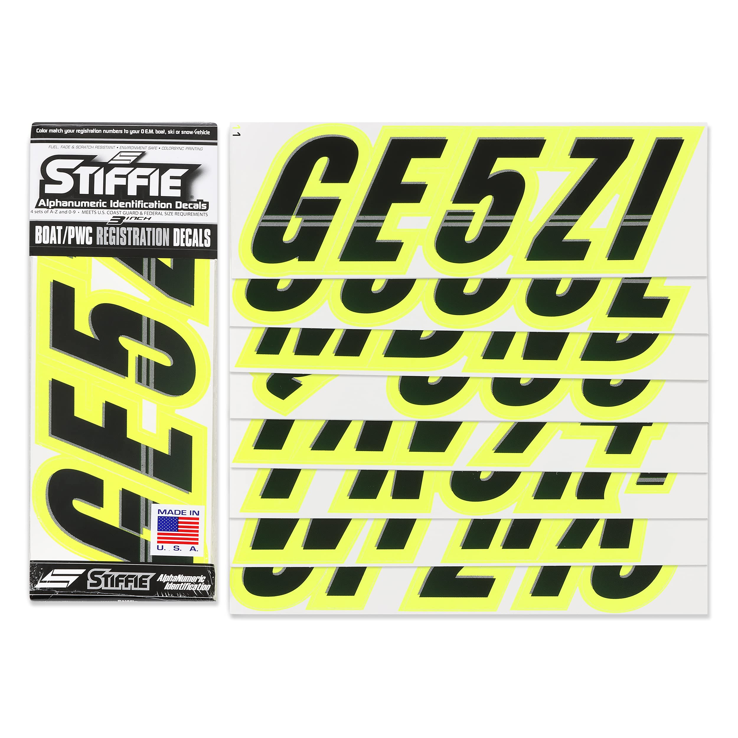 Stiffie Techtron Black/Day Glow Yellow 3 '' Boat & Pwc Registration Decals  Numbers Letters Stickers