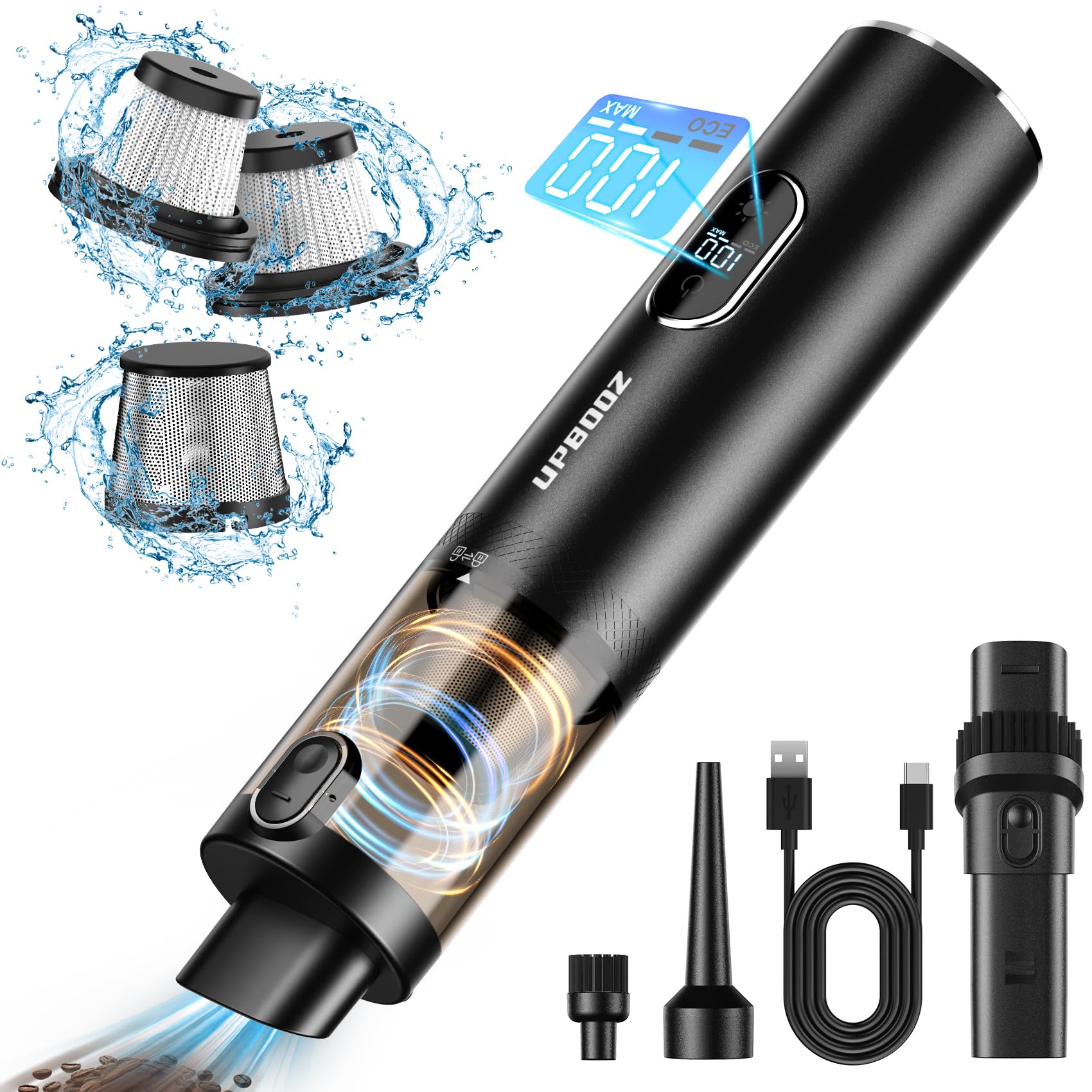 Upbooz Car Vacuum, Handheld Vacuum Cordless with 14000PA Powerful Suction with LED Light, Air Duster 2-in-1,Low Noise Rechargeab