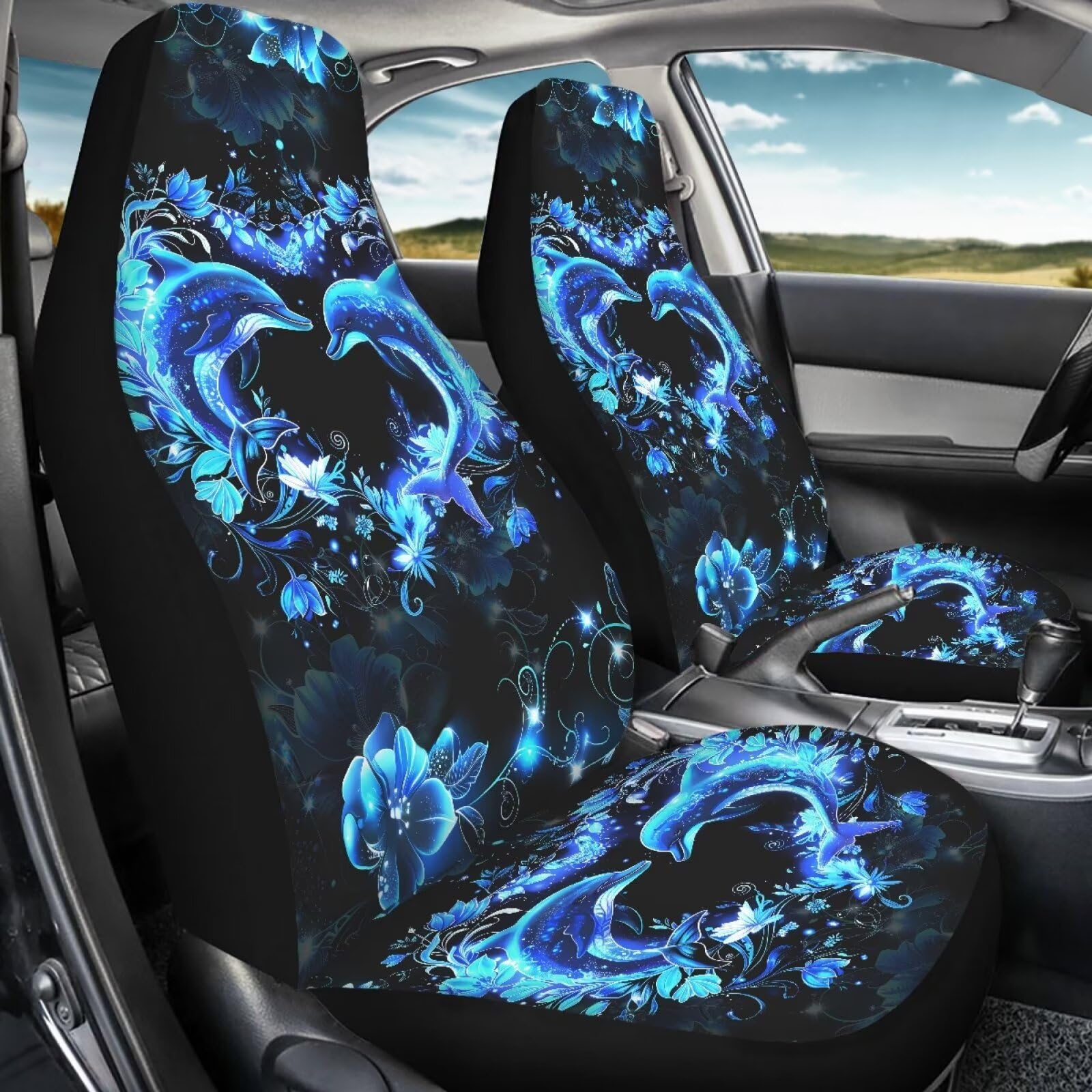 Bigcarjob Neon Dolphin Car Seat Cover Set Of 2 Pcs - Cute Dolphin Print Auto Interior Accessories, Vehicle Bucket Seat Protector