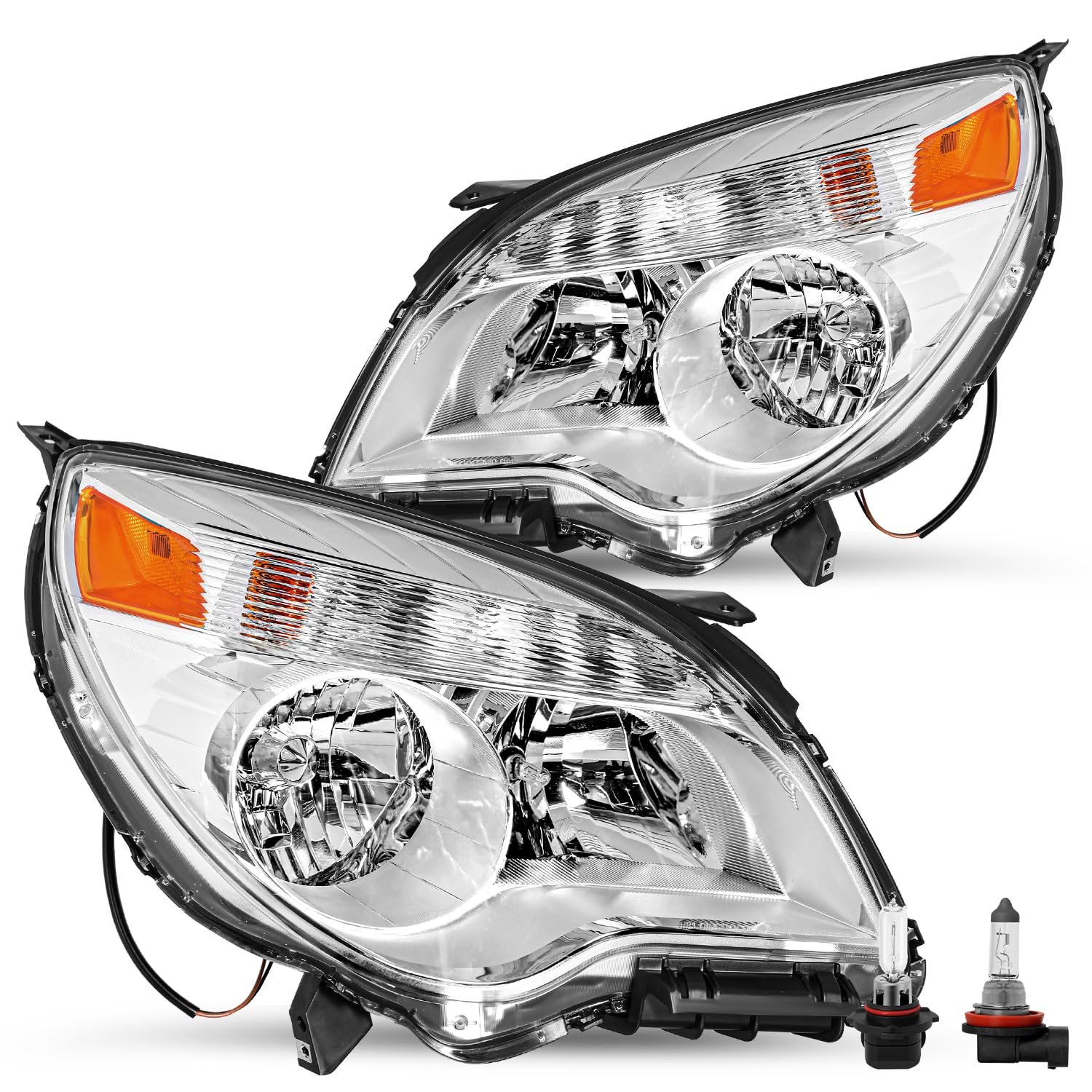 Jsboyat Headlight Assembly [Halogen Type] W/Bulbs Compatible With 2010-2015 Chevy Equinox Passenger & Driver Side, Chrome Housing With Amber Reflector