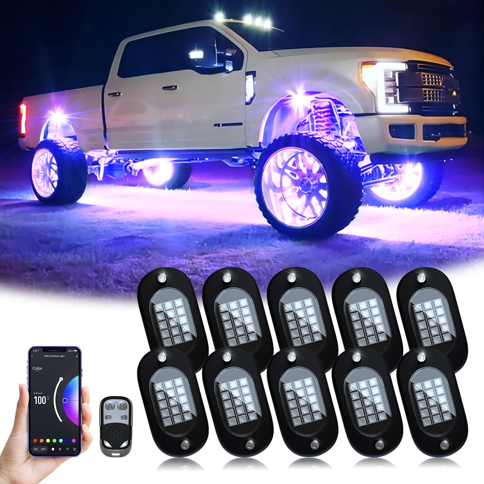 Yilaie Rgb Led Rock Lights, With Phone App/Remote Control & Timing & Music Mode Rock Lights Kits, Waterproof Underglow Light For