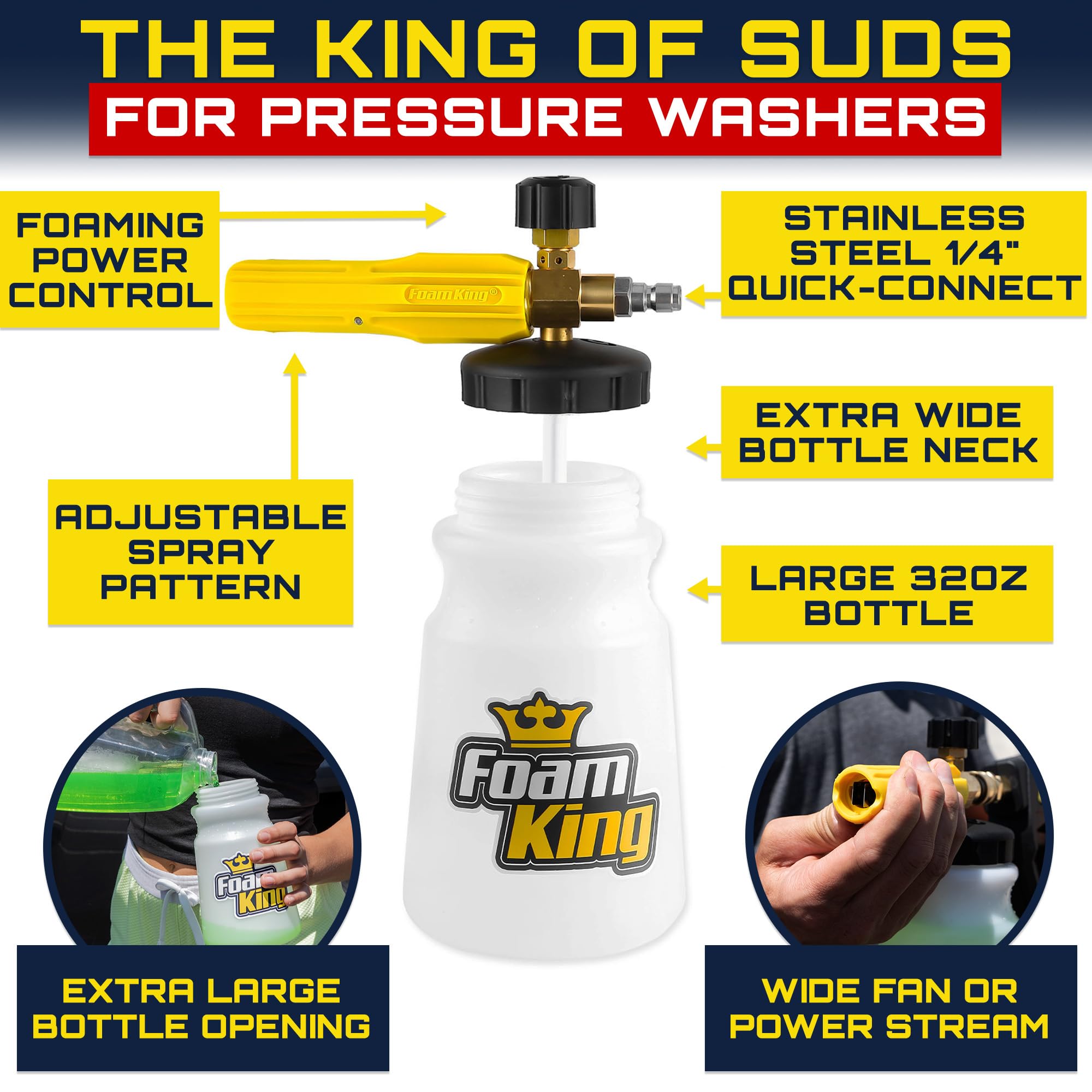Foam King™ Foam Cannon Sprayer - Car Wash Cleaning For Gas & Electric Pressure Washers - Wide Neck, Wide Base, Heavy Duty - Professional Car Detailing Snow Foam Blaster