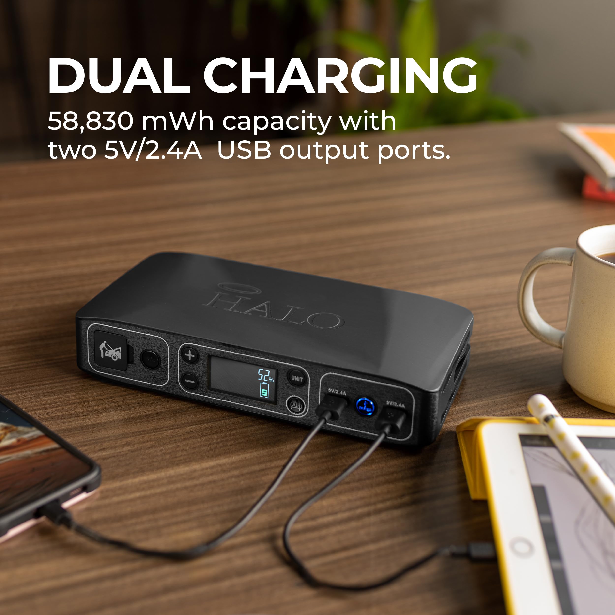 HALO Bolt Air 58830 Portable Car Jump Starter & 100 PSI Air Compressor - 58.8Wh Power Bank, Emergency Floodlight, TSA Approved - Gray