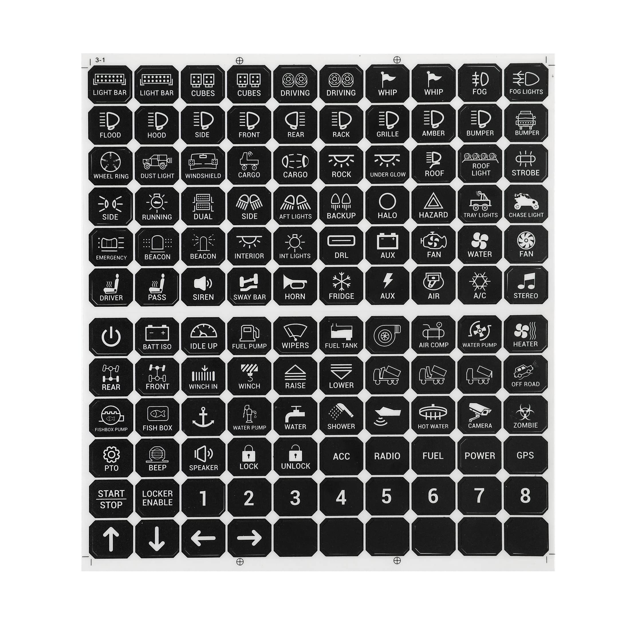 Auxbeam Switch Panel Sticker For 6/8 Gang Switch Panel Label Decal For Circuit Panel Marine Boat Truck Camper Dashboard Switch Control Labels, 120Pcs