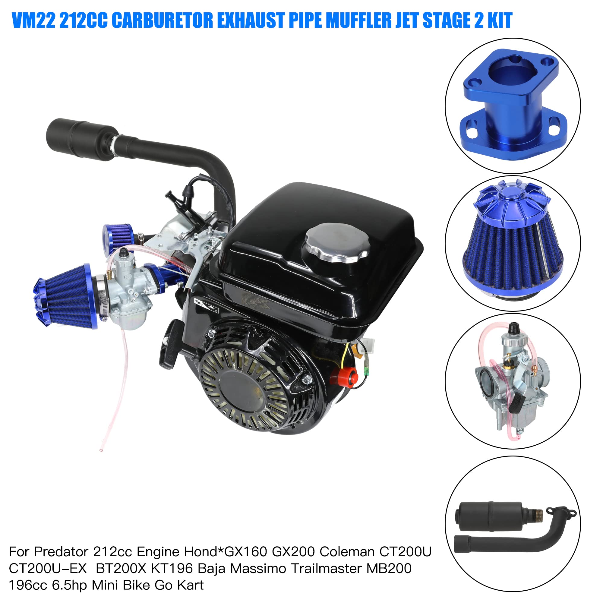 Yoxufa Vm22 Carburetor Exhaust Header Muffler Stage 1 Performance Kit For Predator 212Cc 196Cc 200Cc Coleman Ct200U-Ex Bt200X Ba