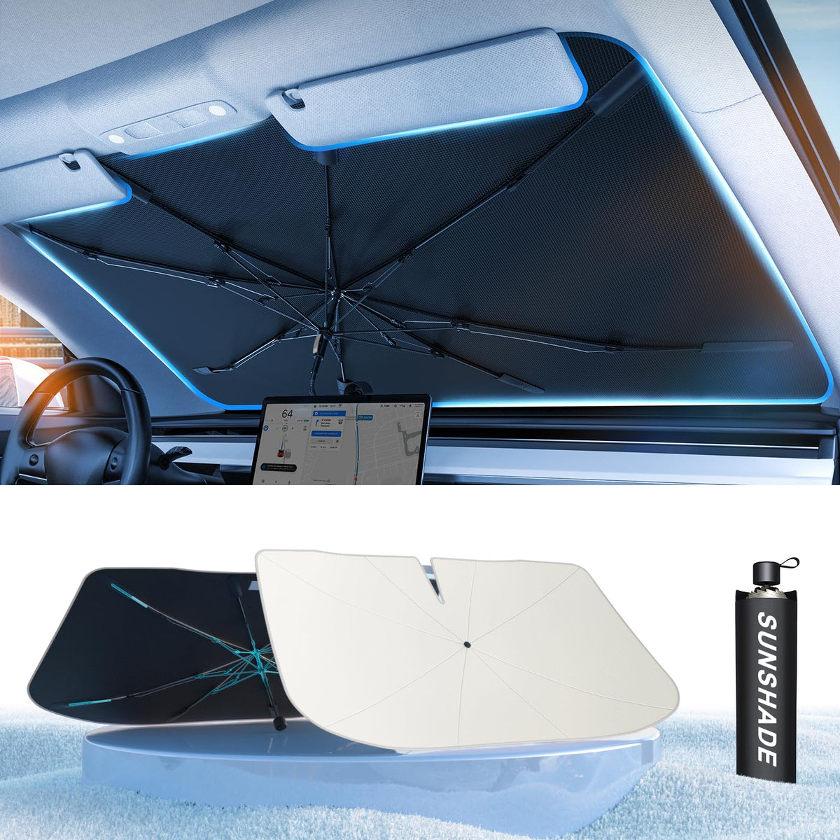 Tryspace Car Windshield Sun Shade Umbrella - [Nano-Ice-Crystal Coatings] Protect Car From Sun Rays & Heat Damage Keep Cool And P