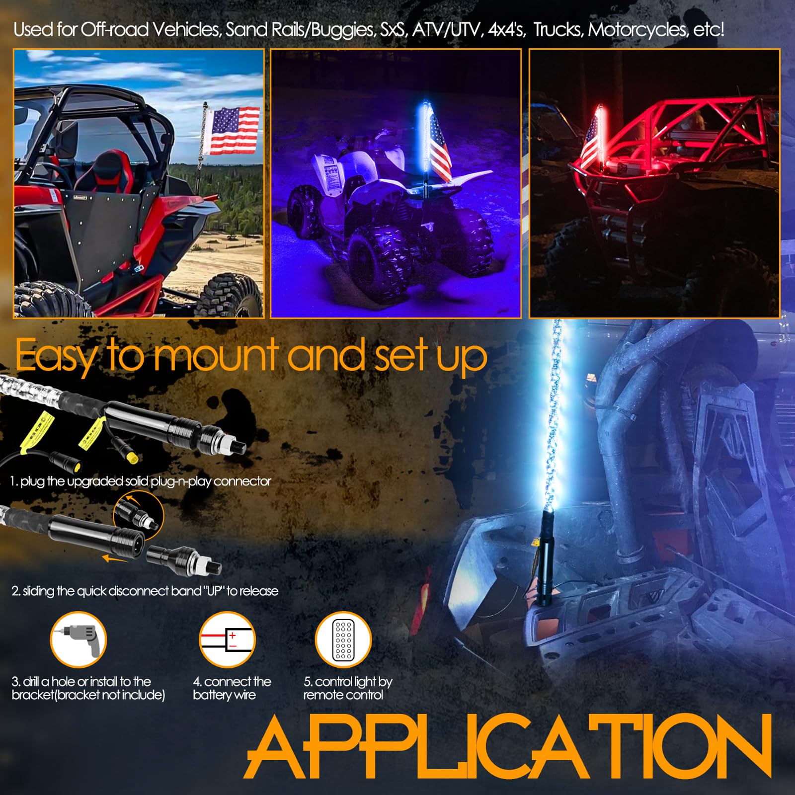 Nirider 2Ft Led Whip Lights With Flag Pole Remote Control Spiral Rgb Chase Light Offroad Warning Lighted Antenna Led Whips For U