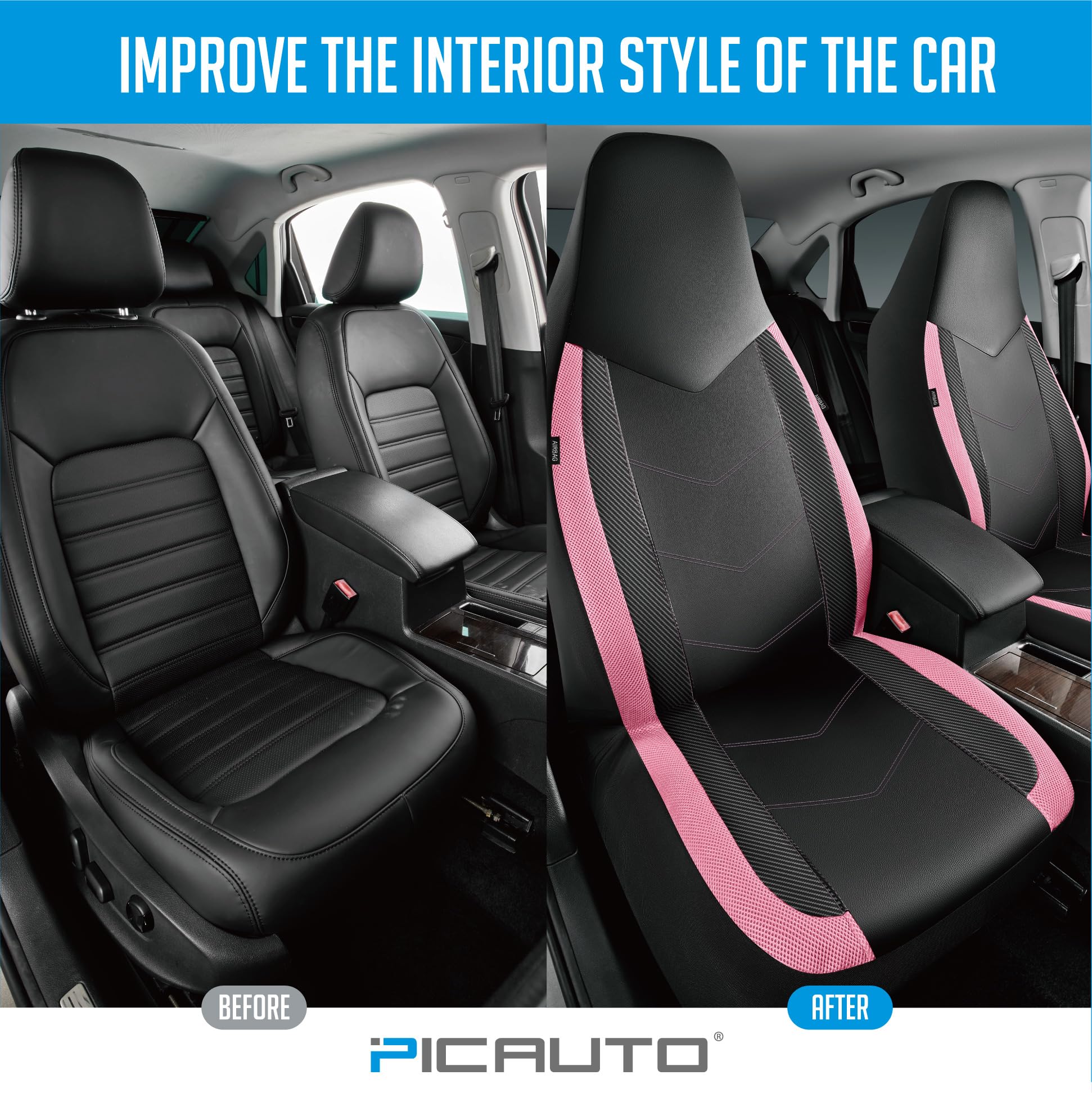 Pic Auto Leather Car Seat Covers, Sports Carbon Fiber & Mesh Design, High-Back Two Front Set, Waterproof Automotive Seat Covers,