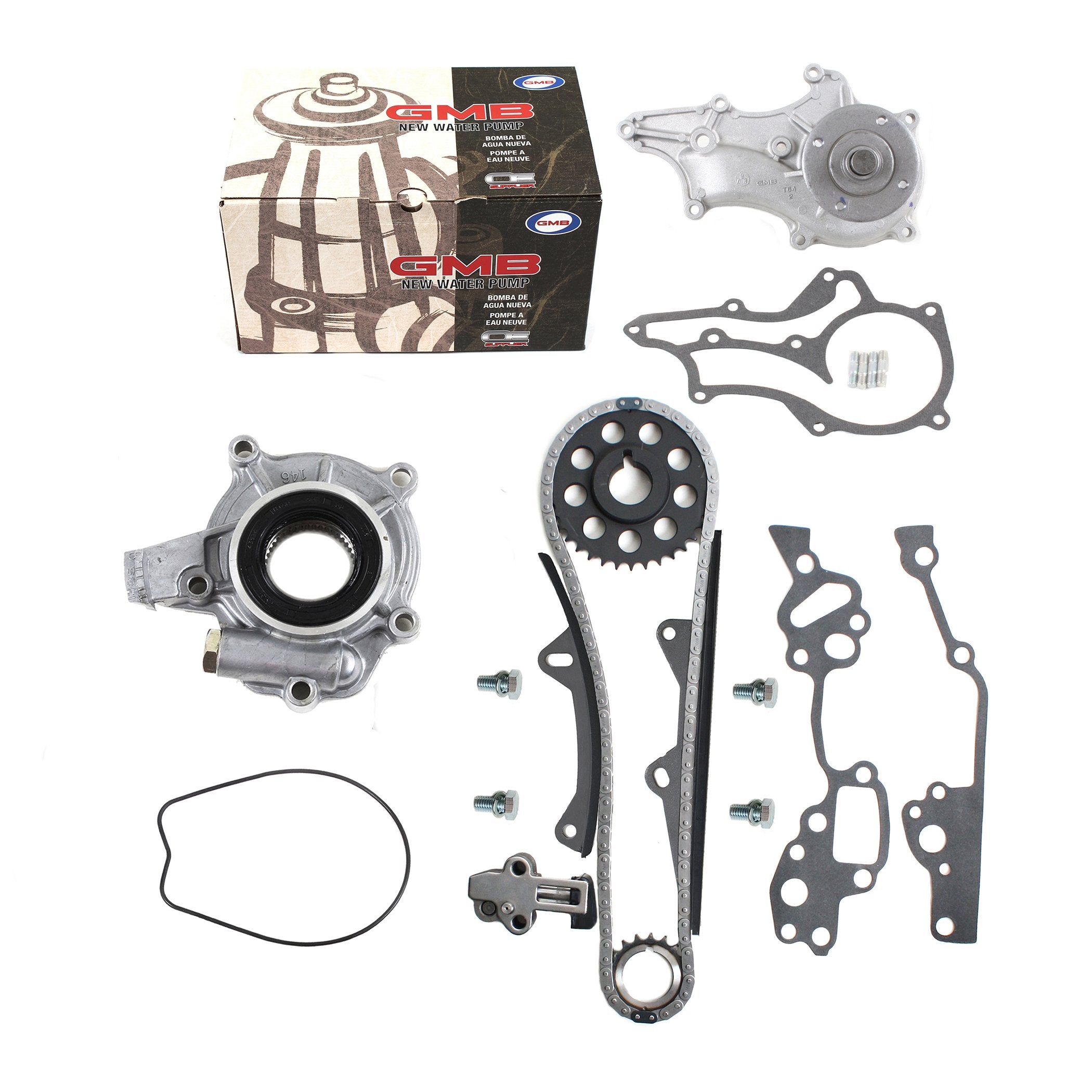 CNS Timing Chain Kit (2 Heavy Duty Metal Guide Rails & Bolts), Water Pump, & Oil Pump Compatible with Toyota 2.4L Pickup 22RE 22REC 85-95