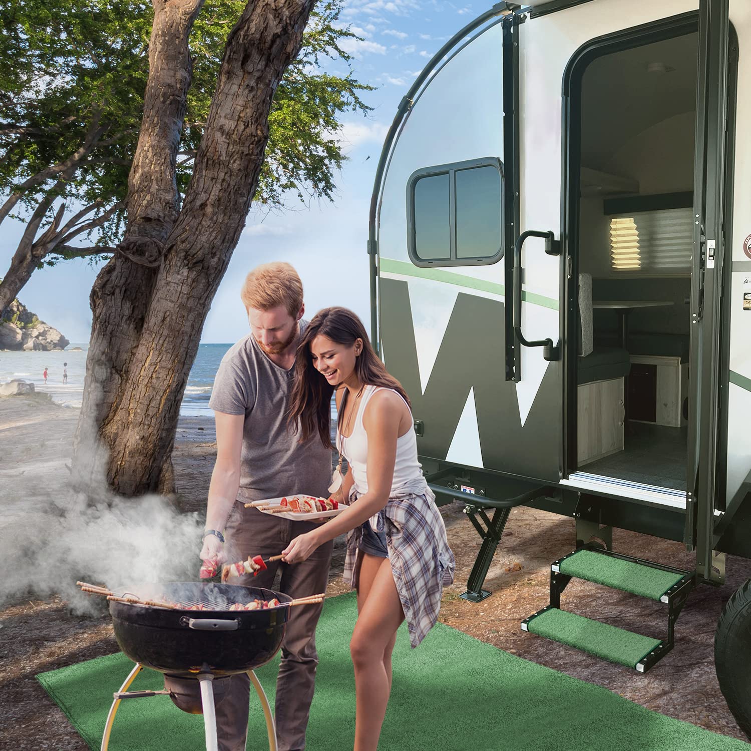 Prest-O-Fit 2-0058 Jumbo Wraparound + Plus Rv Step Rug Green 23 In. Wide