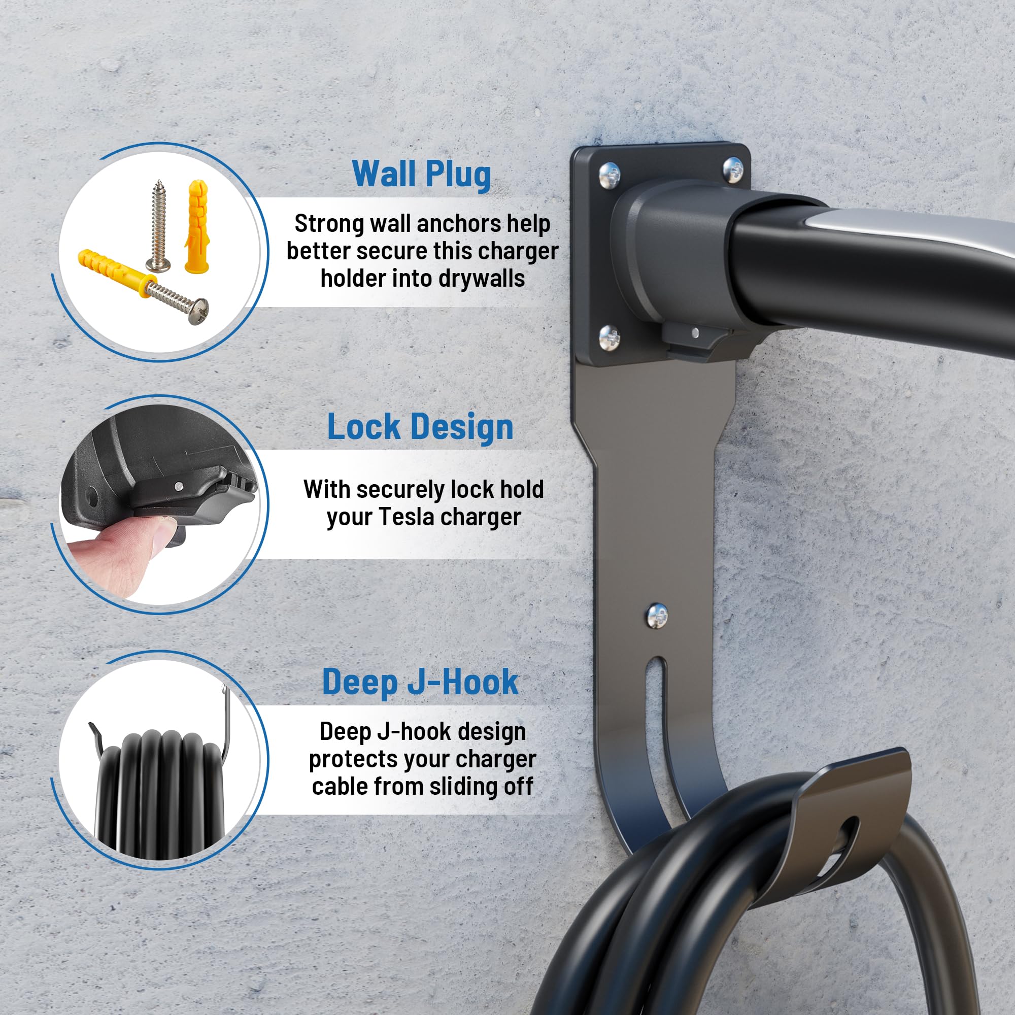 MECMO Tesla Charger Holder - Wall Mount Dock & J-Hook for Model 3/Y/X/S, Heavy Duty Steel EV Charging Cord Hanger