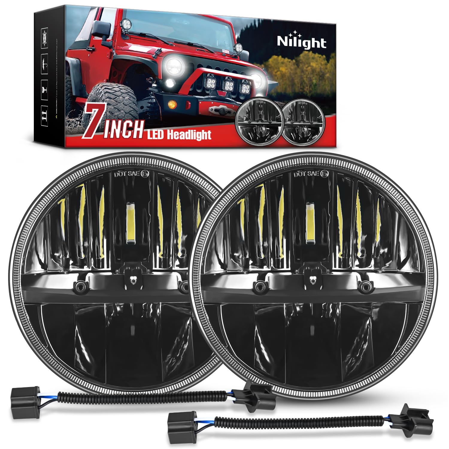 Nilight 2Pcs 7 Inch Led Headlights High Low Beam Round Headlamp For 2007 2008 2009 2010 2011 2012 2013 2014 2015 2016 2017 Jk Jk