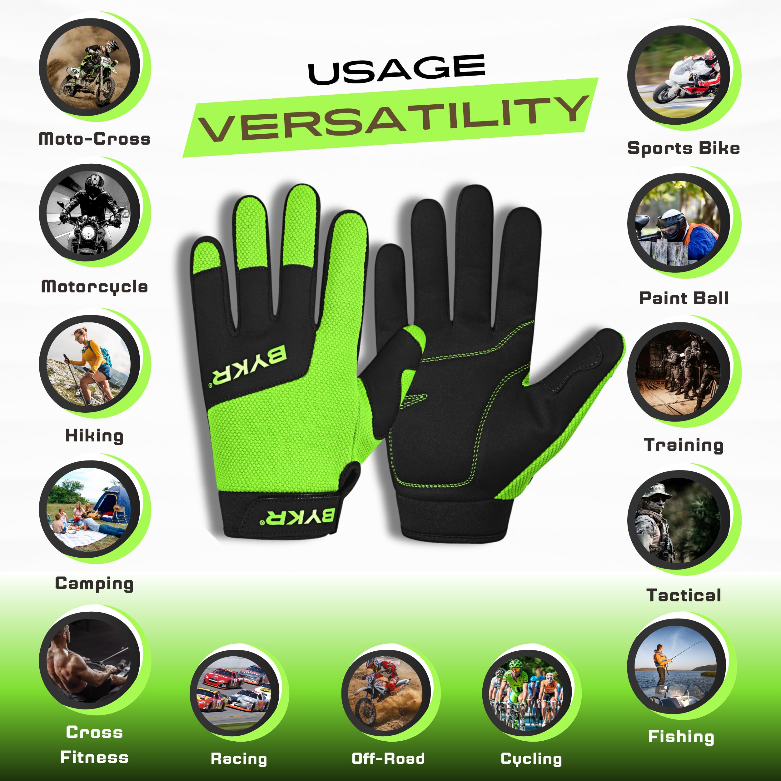 Bykr All-Weather Motorcycle Gloves For Men & Women - Protection For Dirt Bike, Bmx, Mx, And Atv Riding - Fl Green S