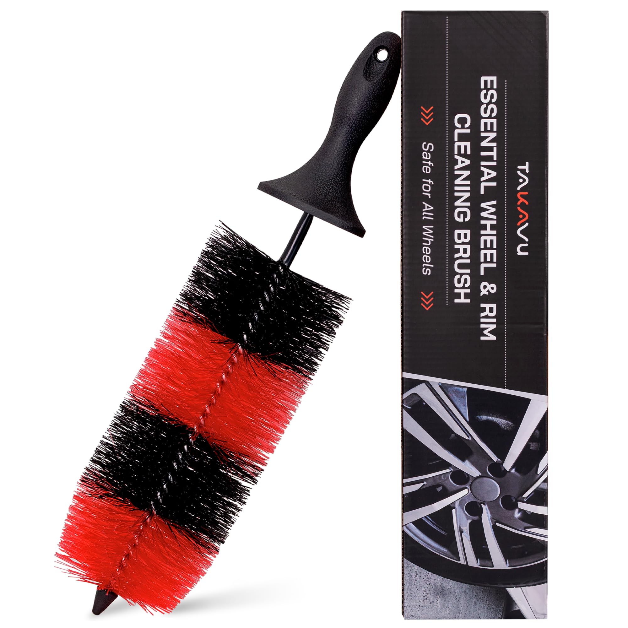 (Upgraded) Takavu Premium Wheel & Tire Brush, Long Bristle Detailing Brush For Effortless Rim & Tire Cleaning, Non-Slip Handle,