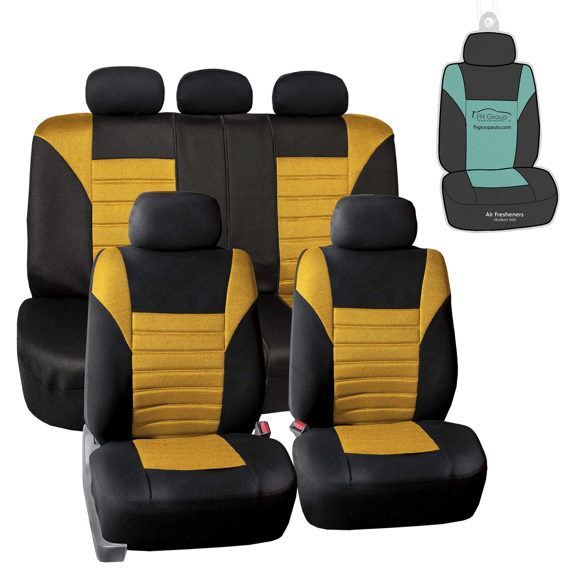 Fh Group Automotive Car Seat Covers Full Set Premium 3D Air Mesh Yellow And Black, Airbag Compatible And Split Bench Cover Unive
