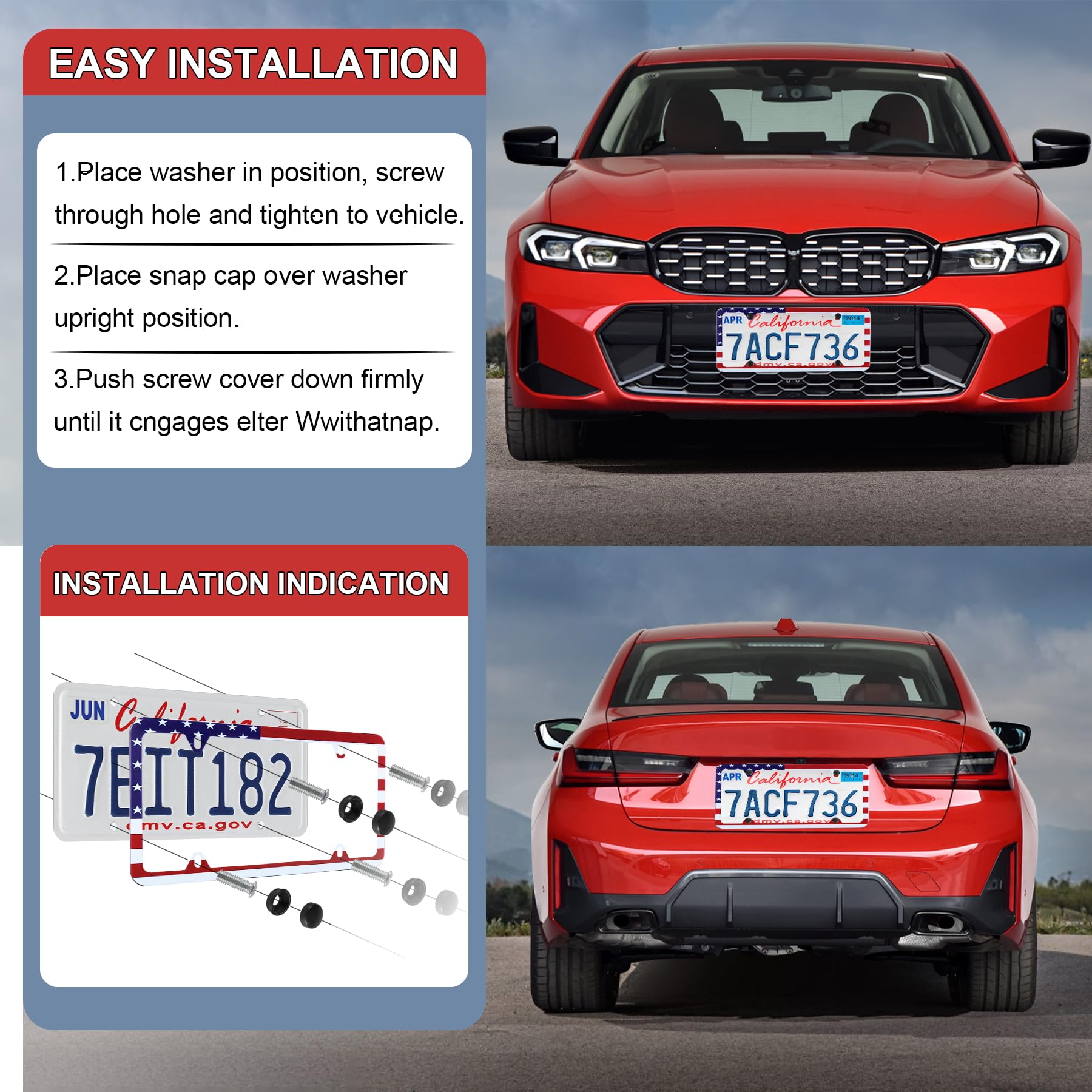 Livtee American Flag License Plate Frames, 4 Holes Stainless Steel License Plate Covers, 2Pcs License Plate Holder, Automotive E