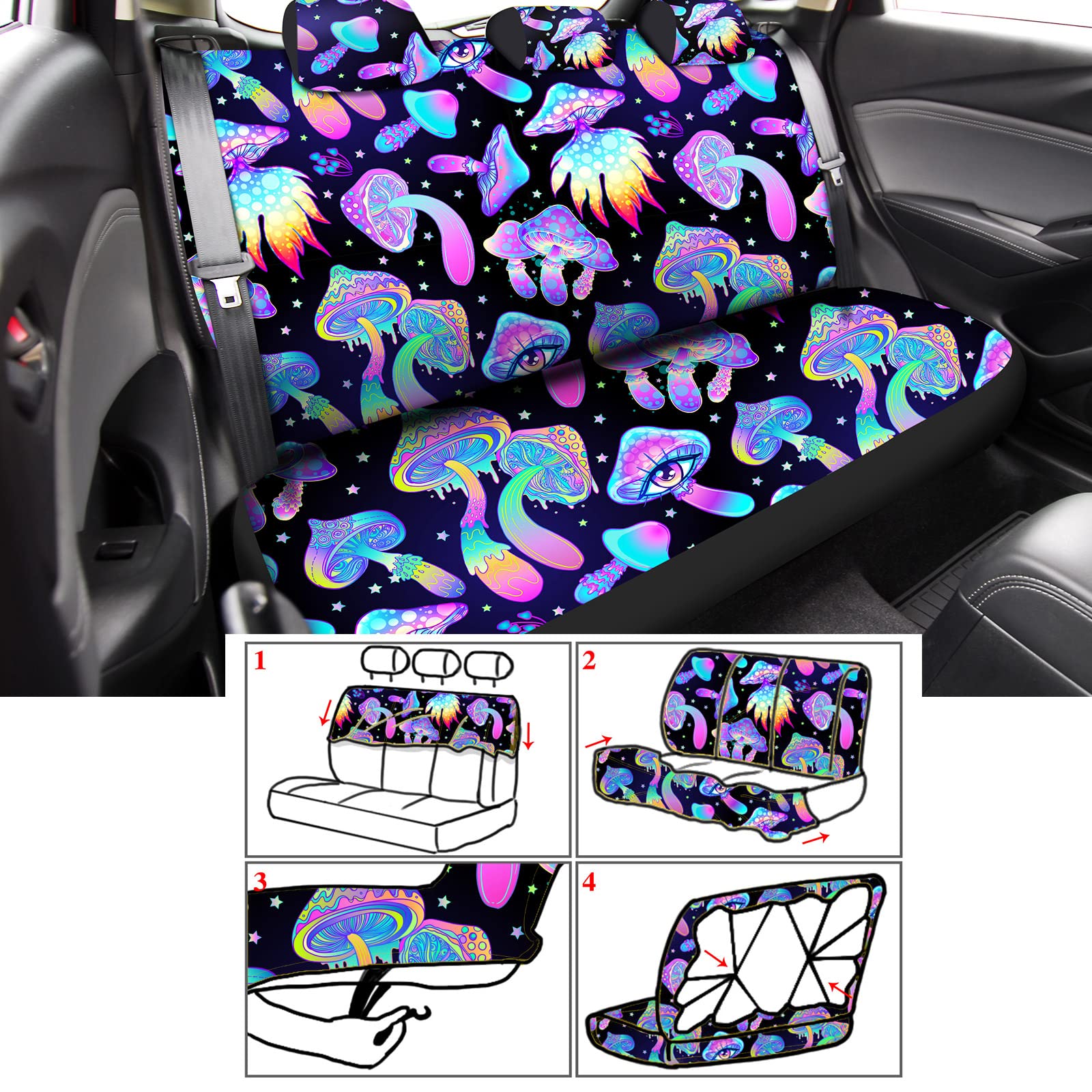 17 Pcs Mushroom Car Seat Covers Mushroom Car Accessories Full Set for Women Men Automotive Rear Front Seat Protector View Mirror