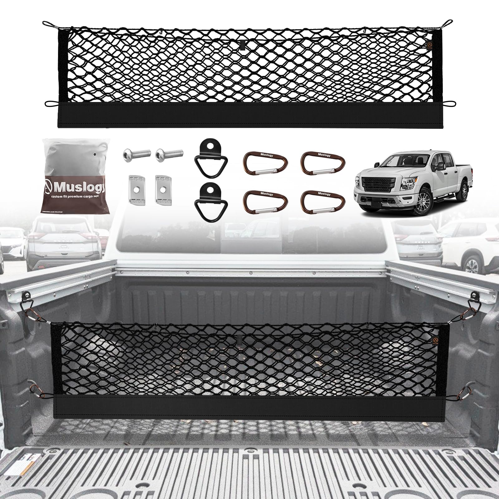 Muslogy Truck Bed Cargo Net Compatible With Nissan Titan 2017-2025 Accessories Storage Organizer Pickup Truck Bed Envelope Style