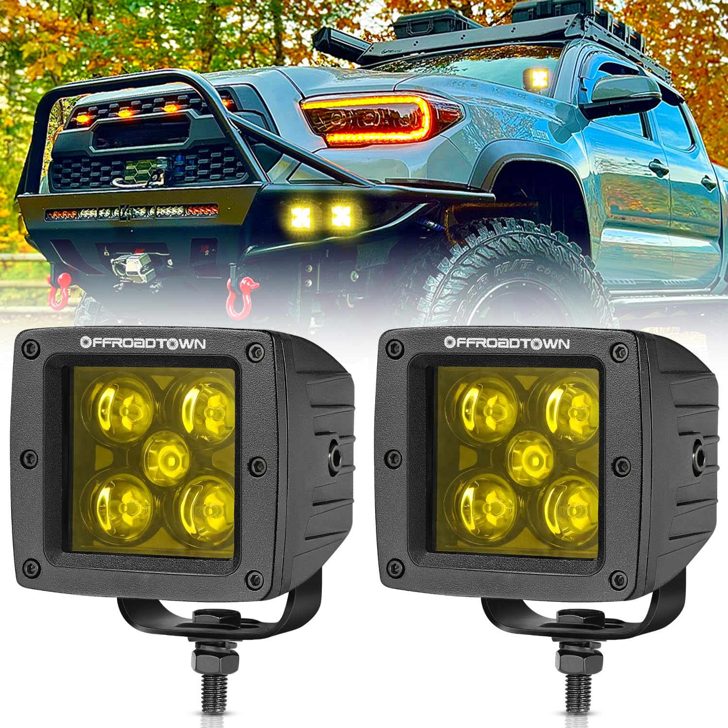 Yellow Led Pods, Offroadtown 100W 2Pcs 3 Inch Cree Led Cubes Light Spot Beam Off Road Driving Lights Led Pod Lights Square Led C