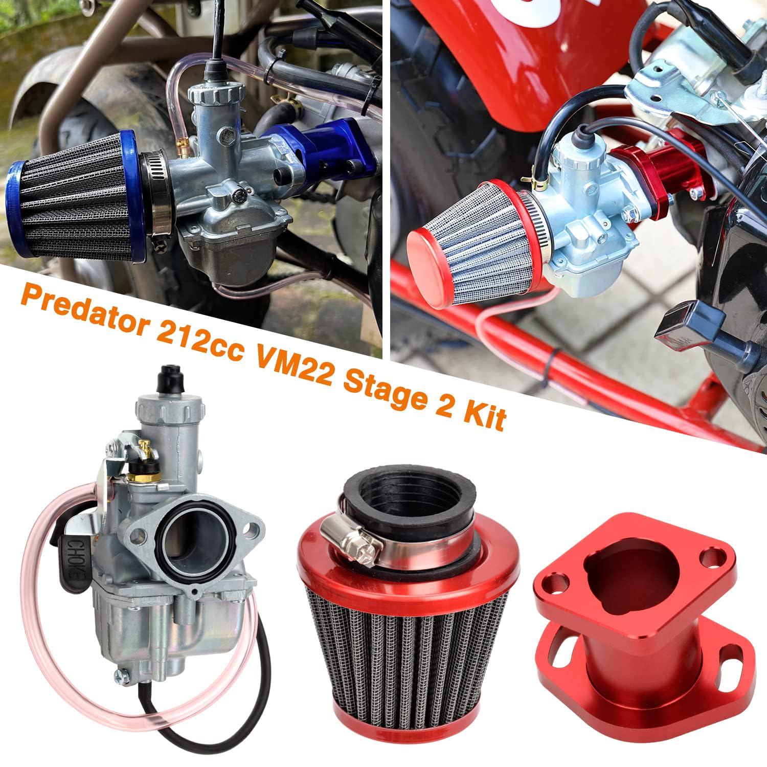 FVRITO VM22 26mm Carburetor for Predator 212cc/196cc Mini Bikes, Go Karts - Red, Model HYQ003-212, Includes 38mm Air Filter