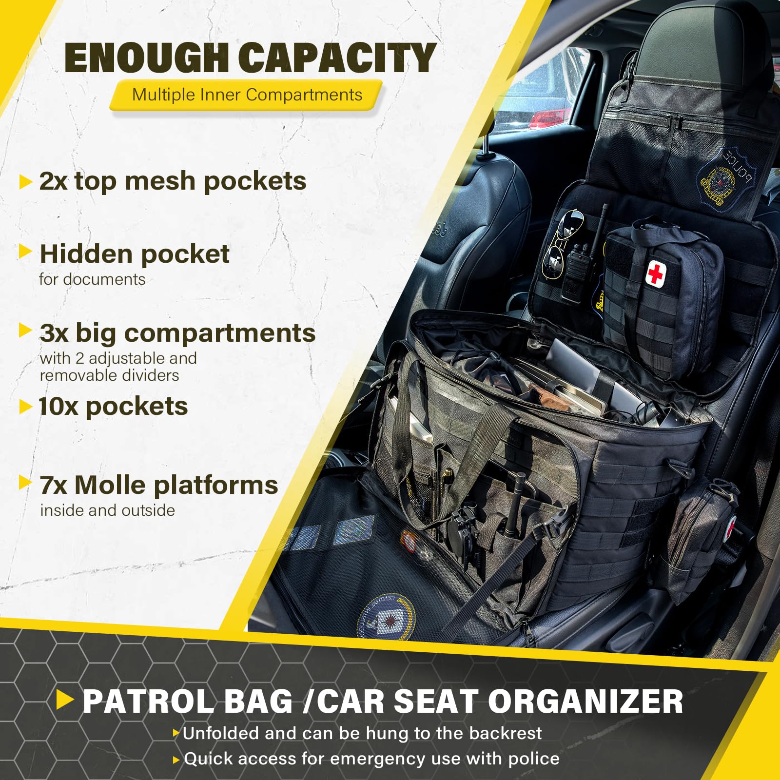 Golkcurx Patrol Bag - Law Enforcement Gear, MOLLE System Car Organizer with Cup Holders for Vehicle Passenger Seat