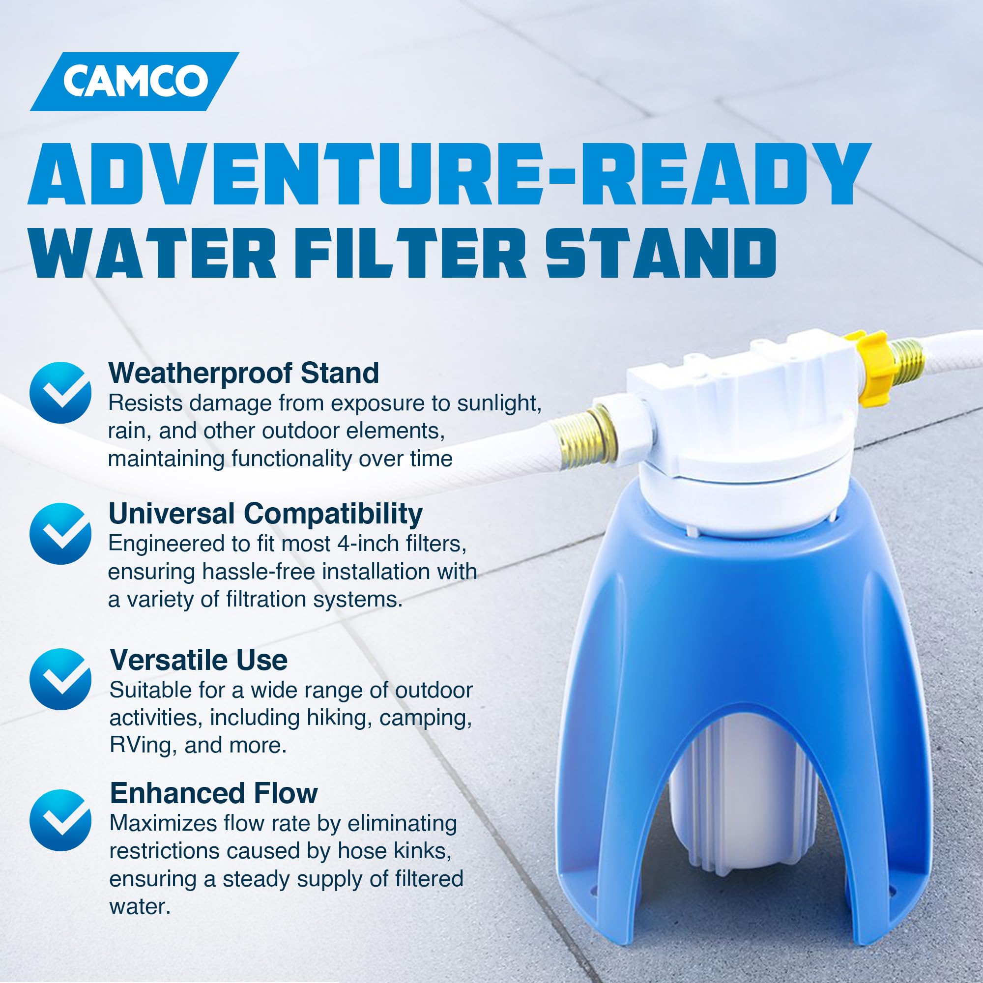 Camco - 21018 Universal Fit Plastic Water Filter Stand- Supports Water Filter in Upright Position To Reduce Hose Kinking and Max