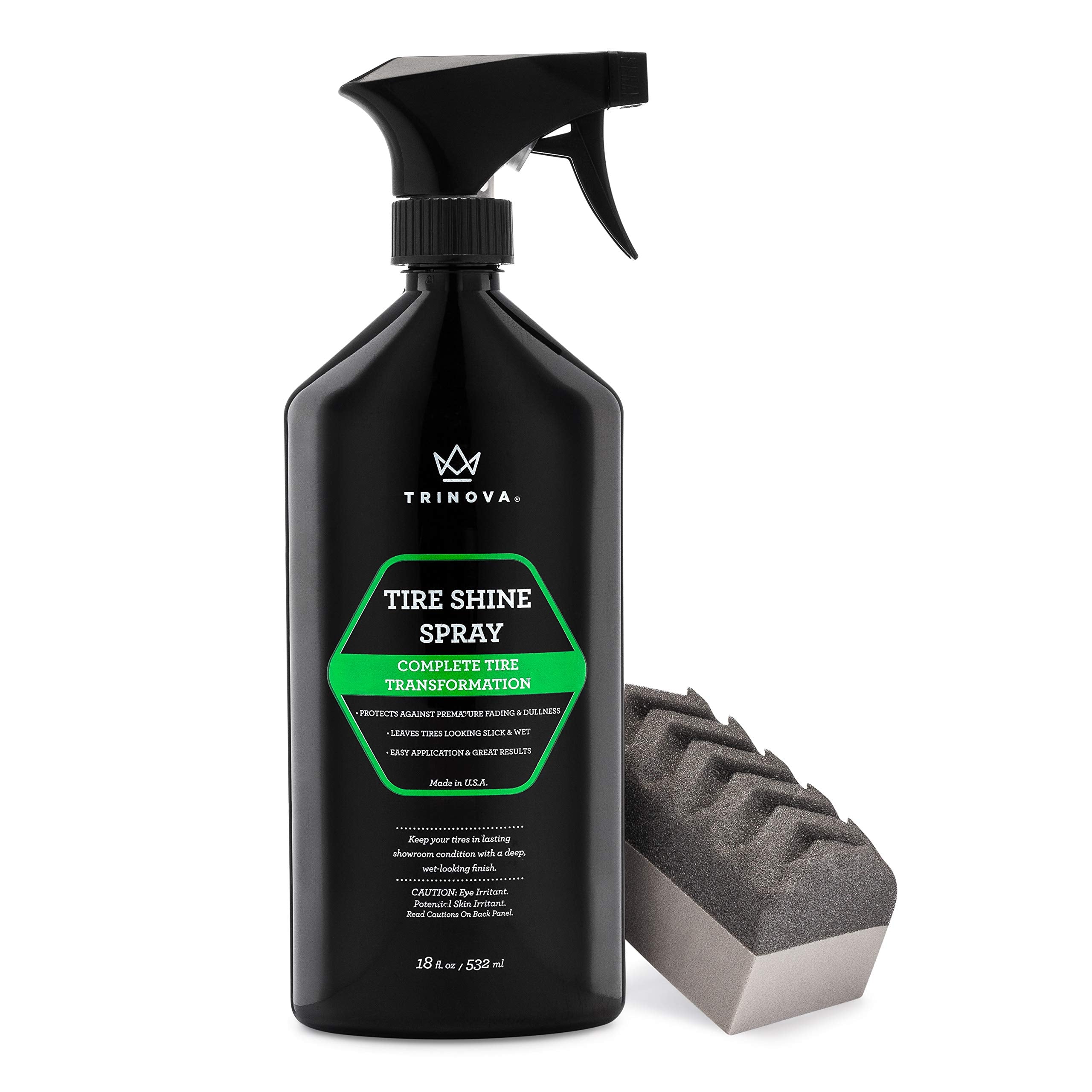 Trinova 33511 Tire Shine Spray No Wipe - Automotive Clear Coat Dressing For Wet & Slick Finish - Keeps Tires Black - With Rubber