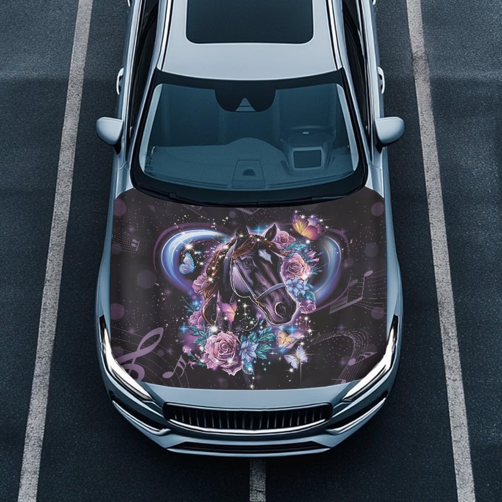 Beautiful Rose Horse Car Hood Cover Protector 59  39 Inch Auto Hood Wrap Blankets Stretchable Waterproof Sun Proof Automotive Ex