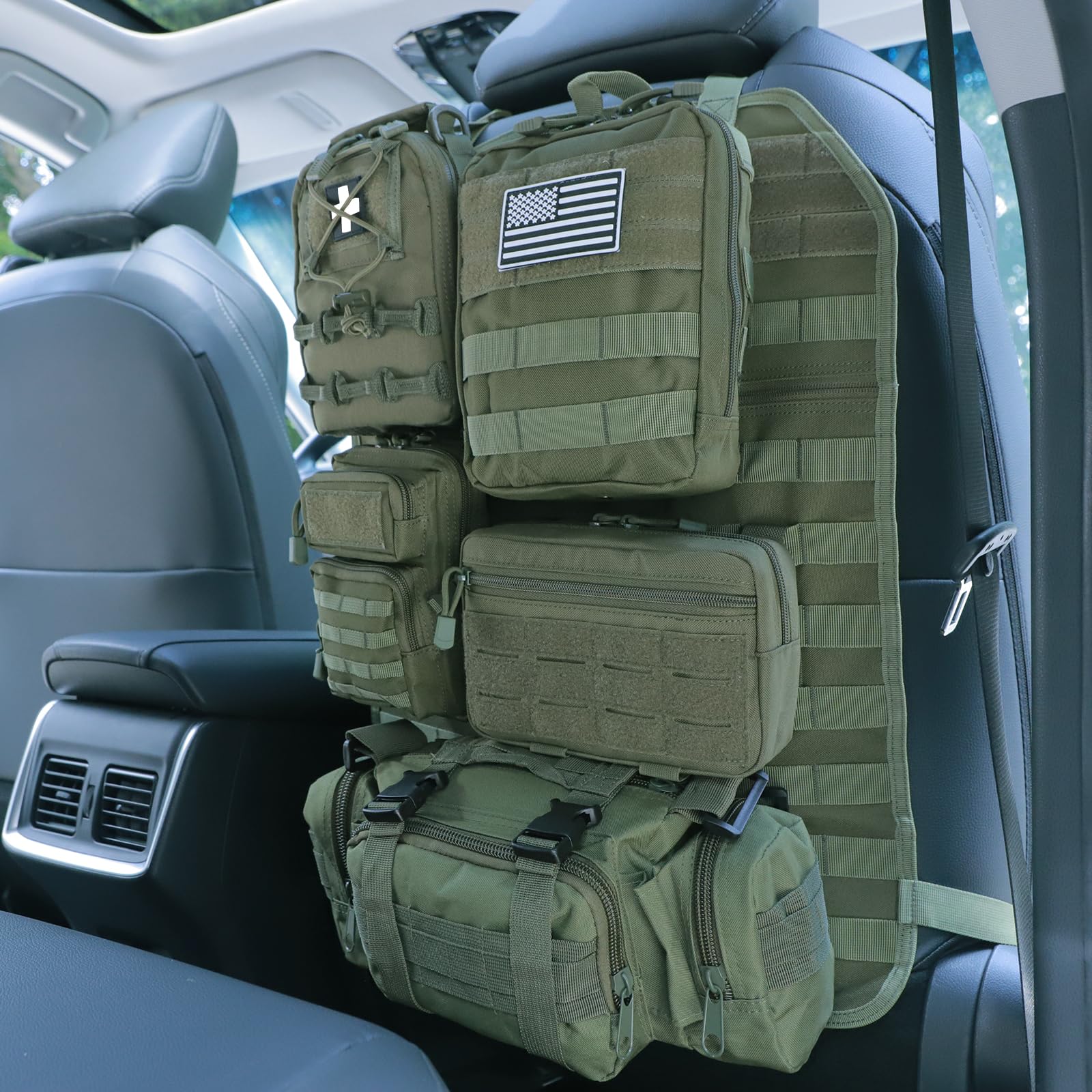 Universal Tactical Seat Back Organizer Vehicle Molle Panel Organizer Storage Bag with 5 Detachable Molle Pouch for All Vehicel S