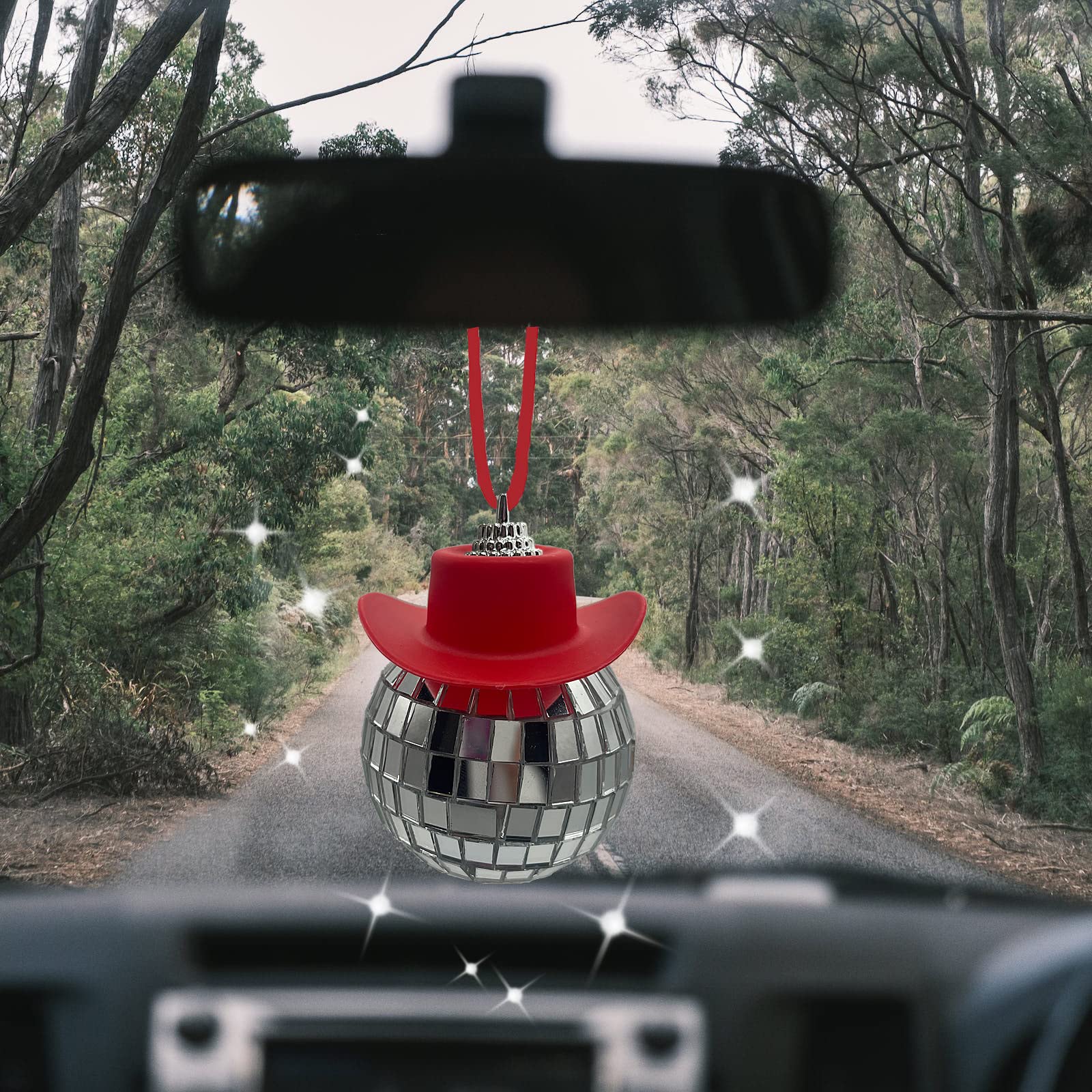 Spansee Red Disco Ball Car Accessory, Disco Ball Car Mirror Ornament, Cowboy Hat Disco Ball Car Charm, Disco Ball With Cowboy Hat, Car Disco Ball, Disco Ball For Car, Car Accessories For Women