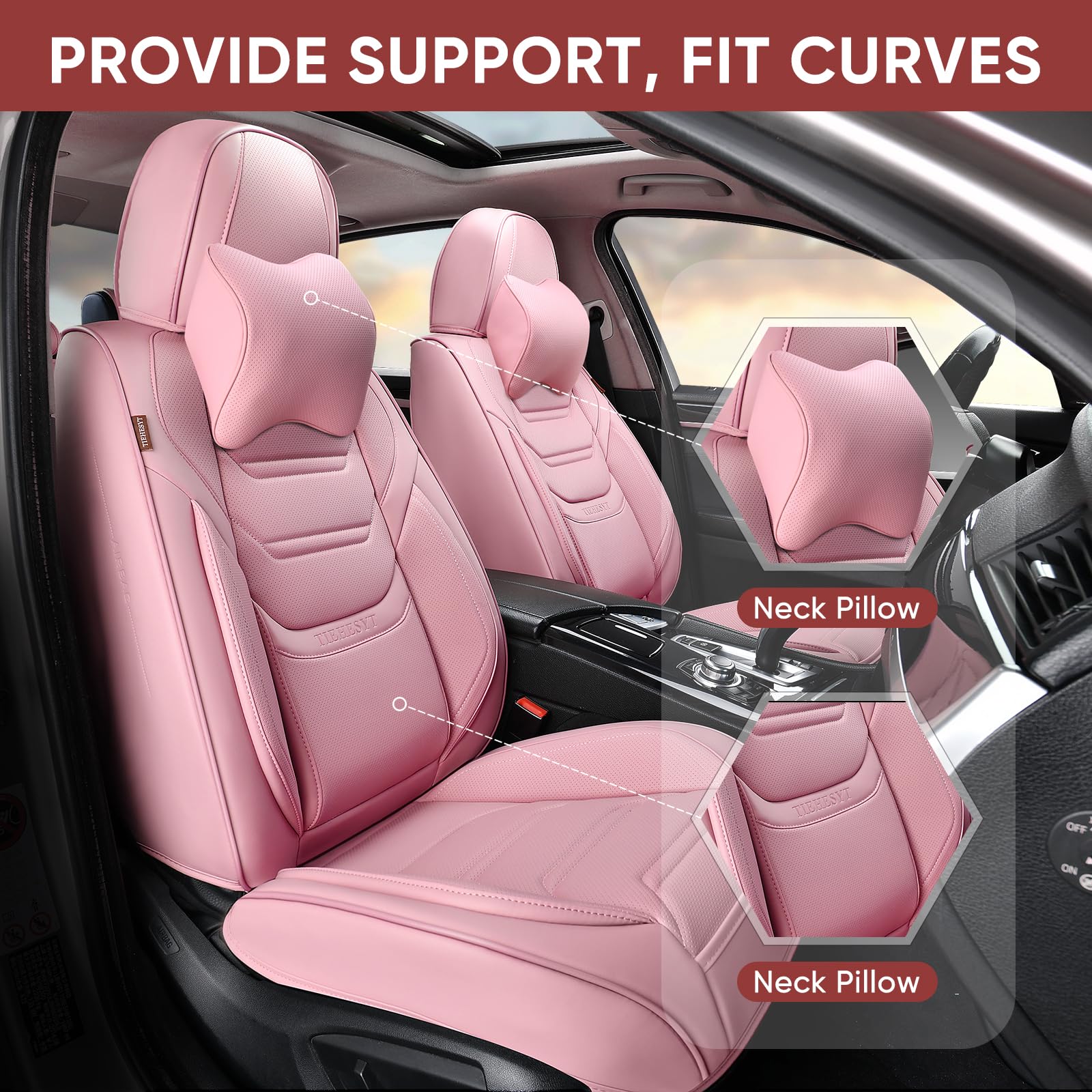 Tiehesyt Pink Car Seat Covers Front Pair, Breathable Leather Automotive Front Seat Covers & Headrest, Auto Seat Cover, Compatibl