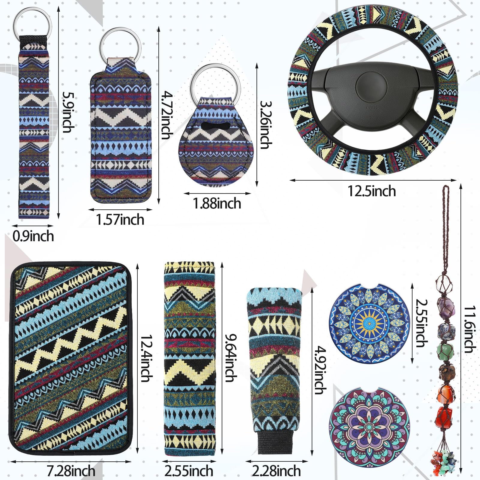 Frienda Baja Car Seat Covers Full Set Multicolor Stripe Car Seat Covers Boho Print Steering Wheel Cover Seat Belt Cover Crystal