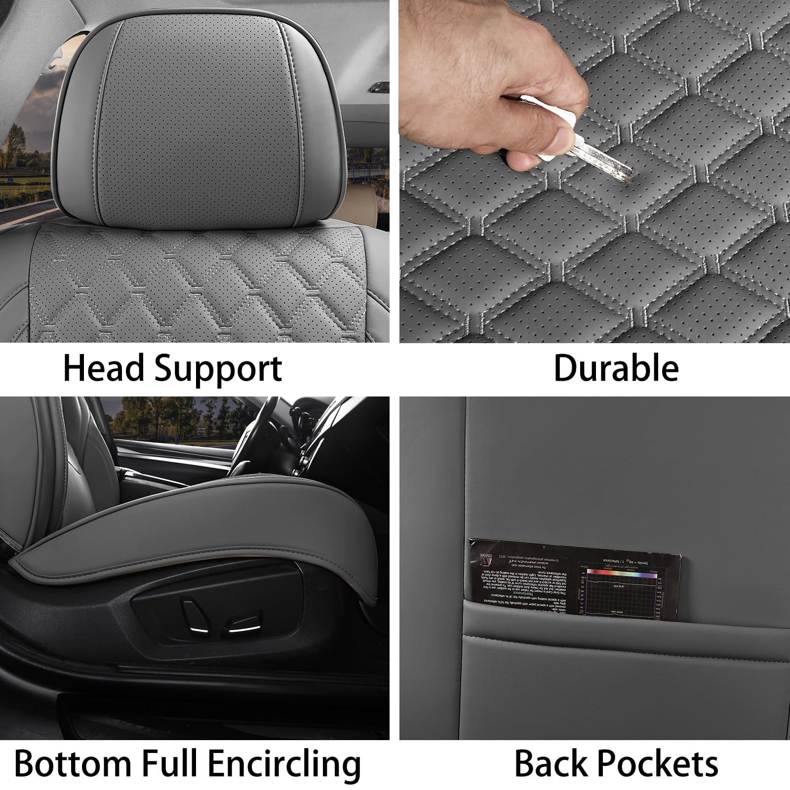 Sxikin Car Seat Covers Full Set Grey, Luxury Faux Leather Car Seat Covers Waterproof Non-Slip Seat Protector Universal Fit For M