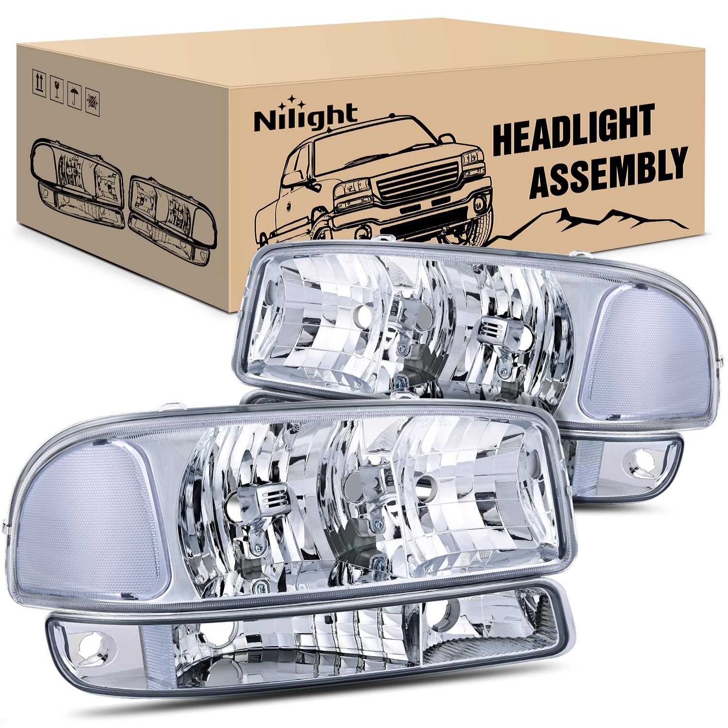 Nilight Headlight Assembly Compatible for 1999 2000 2001 2002 2003 2004 2005 2006 GMC Sierra Yukon, Chrome Housing Clear Corner Clear Lens, Headlights Assembly Replacement