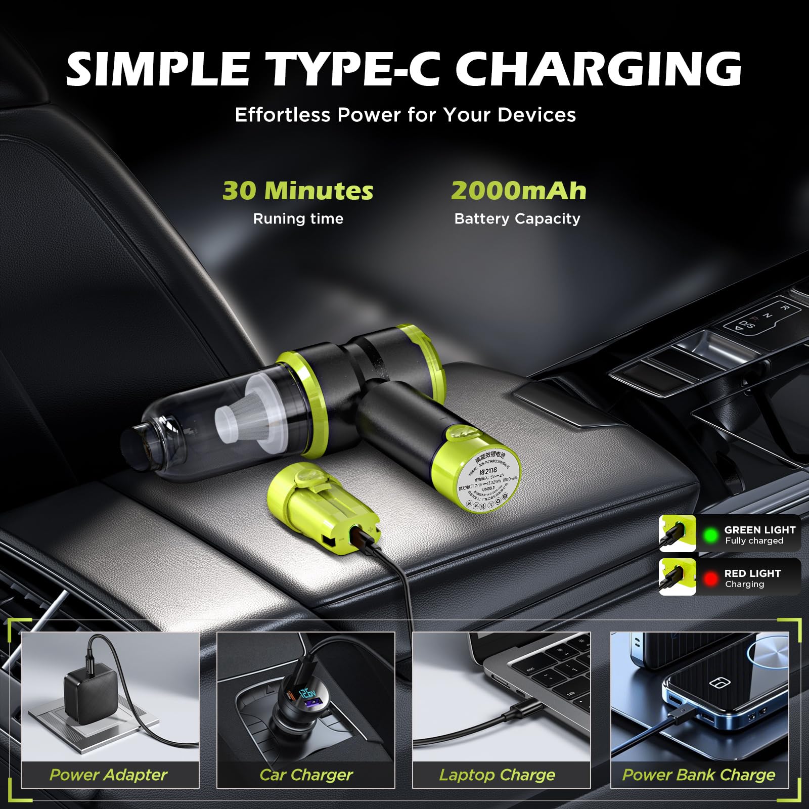 Handheld Car Vacuum Portable Cordless with 2000mAh Battery, 4 in 1 Handheld Vacuum Cleaner and Air Duster ,15000PA Portable Mini