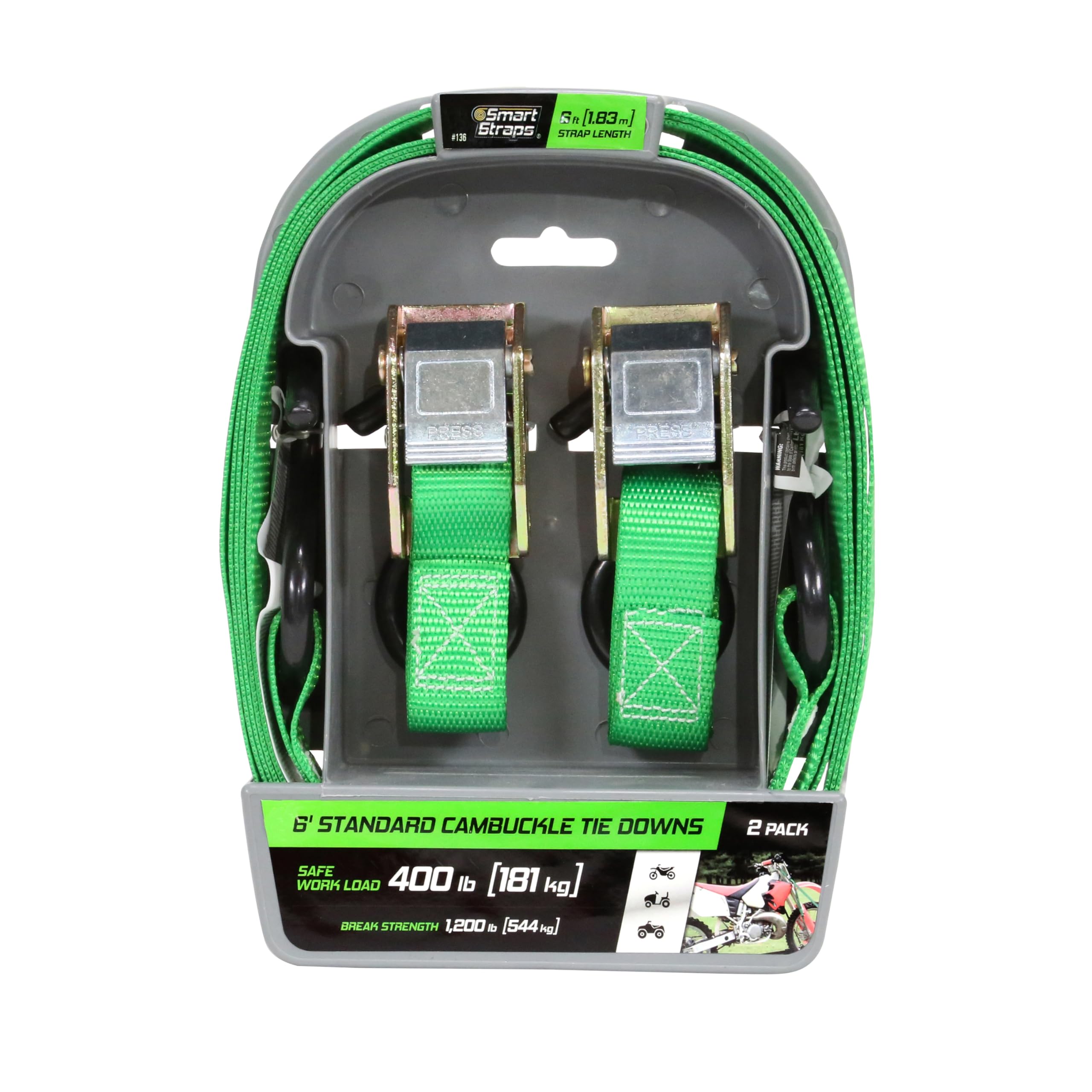 Smartstraps 6 Cambuckle Tie Down, 2 Pack - Standard Duty Tie-Down Ratchet Straps - 1,200Lb Break Strength, 400Lb Safe Work Load