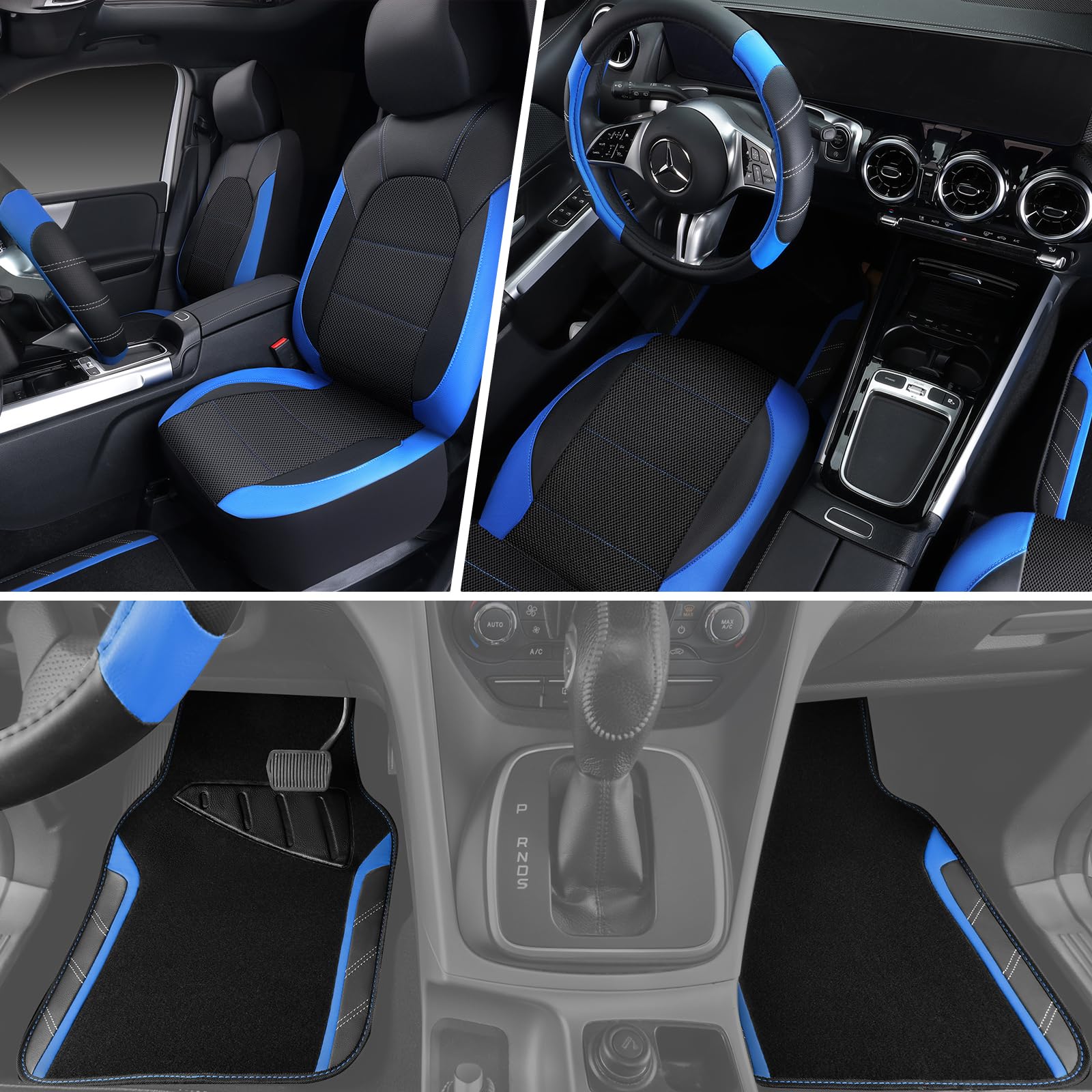 Car Pass Air Mesh Leather Car Seat Covers Full Set,Waterproof Car Floor Mats, Sporty Steering Wheel Cover 14.5-15Inch,Car Interi