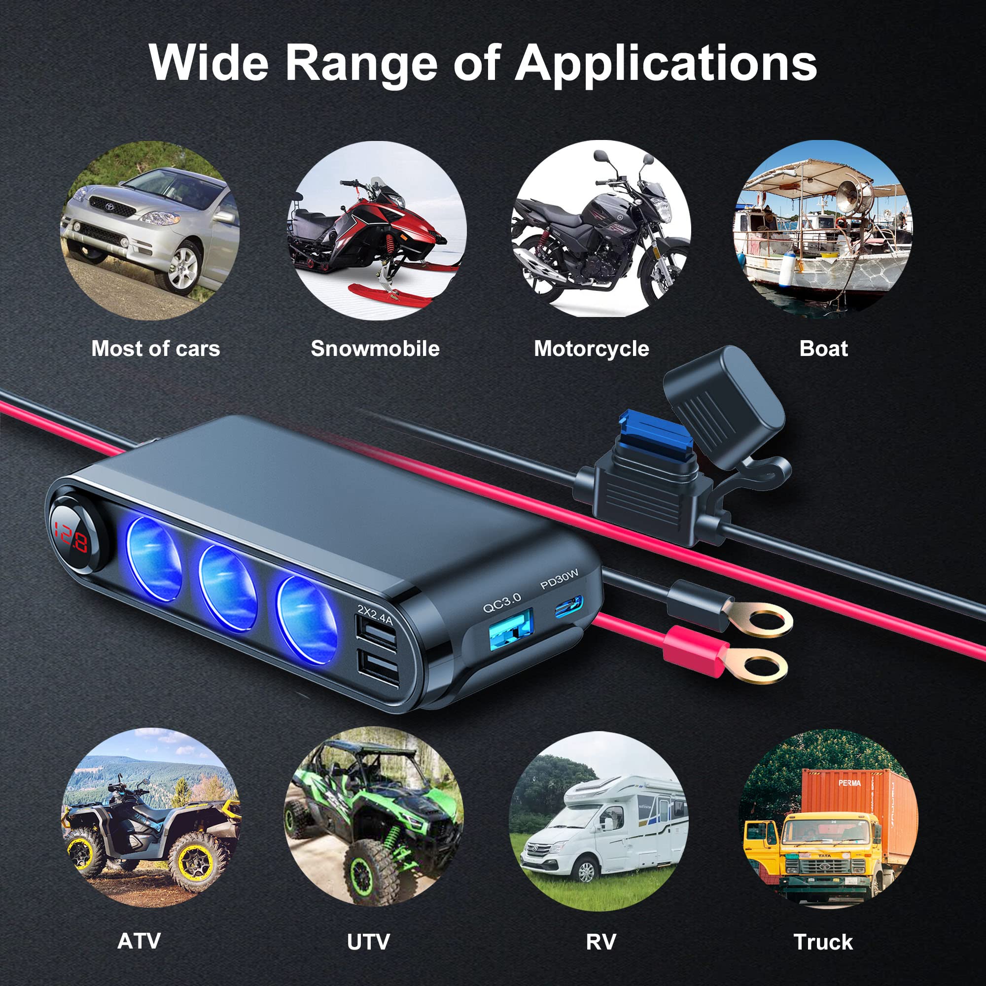 EUGIZMO 12V Cigarette Lighter Socket Splitter, 200W 3 Socket Multi Port Car Cigarette Lighter Adapter Plug Splitter USB Charger