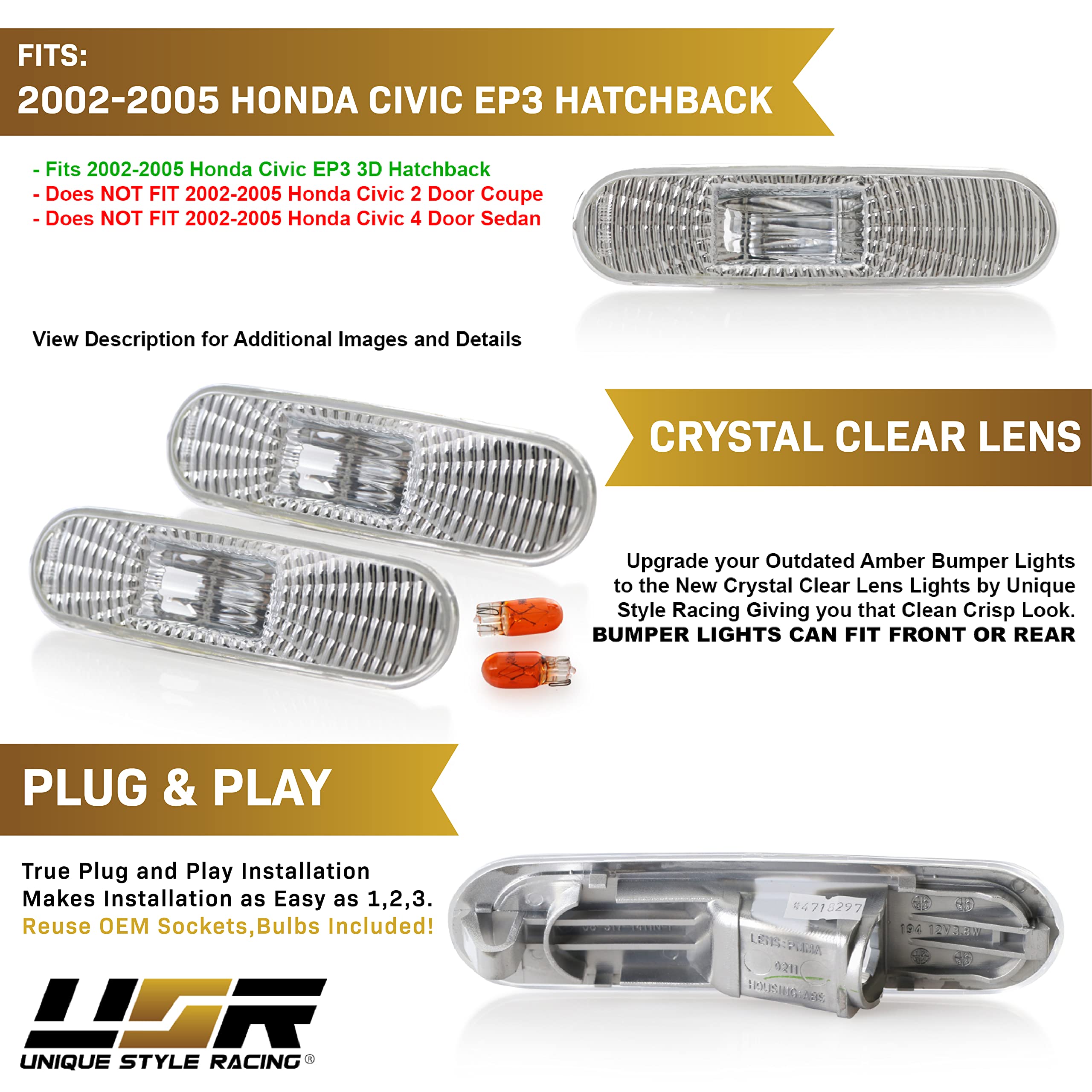 Usr Depo 02-05 Civic 3D Side Marker Lights - Bumper Sidemarkers Lamps Set (Left + Right) Compatible With 2002-2005 Honda Civic Si Ep Ep3 3 Doors Hatchback (Clear Lens 2 Pieces Front Or Rear)