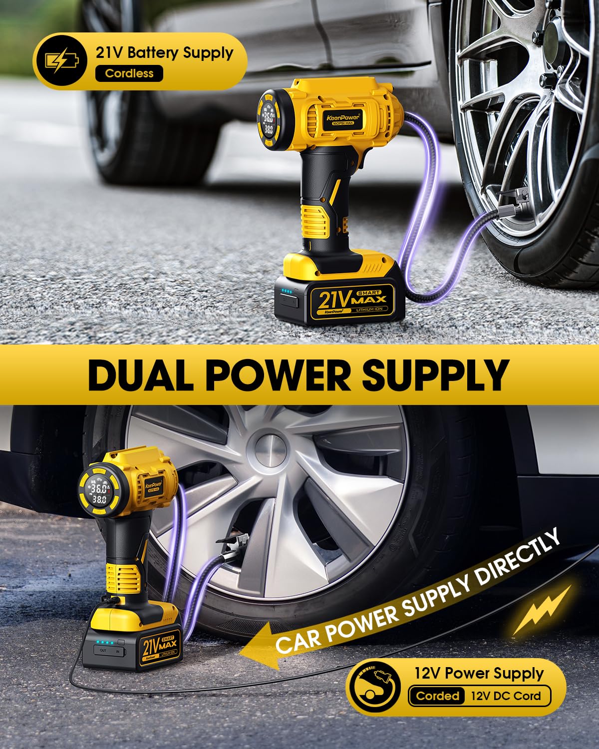 KeenPower Cordless Tire Inflator Portable Air Compressor, 160PSI Car Tire Air Pump, 21V Rechargeable Battery Powered Air Compres