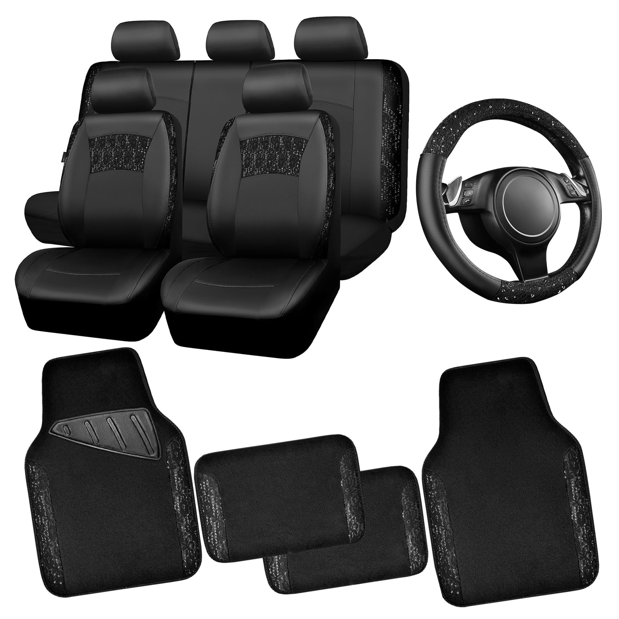 Car Pass Universal Black Leather Lace Car Seat Covers Full Set For Women Girls,Waterproof Car Floor Mats Carpet,Glitter Steering