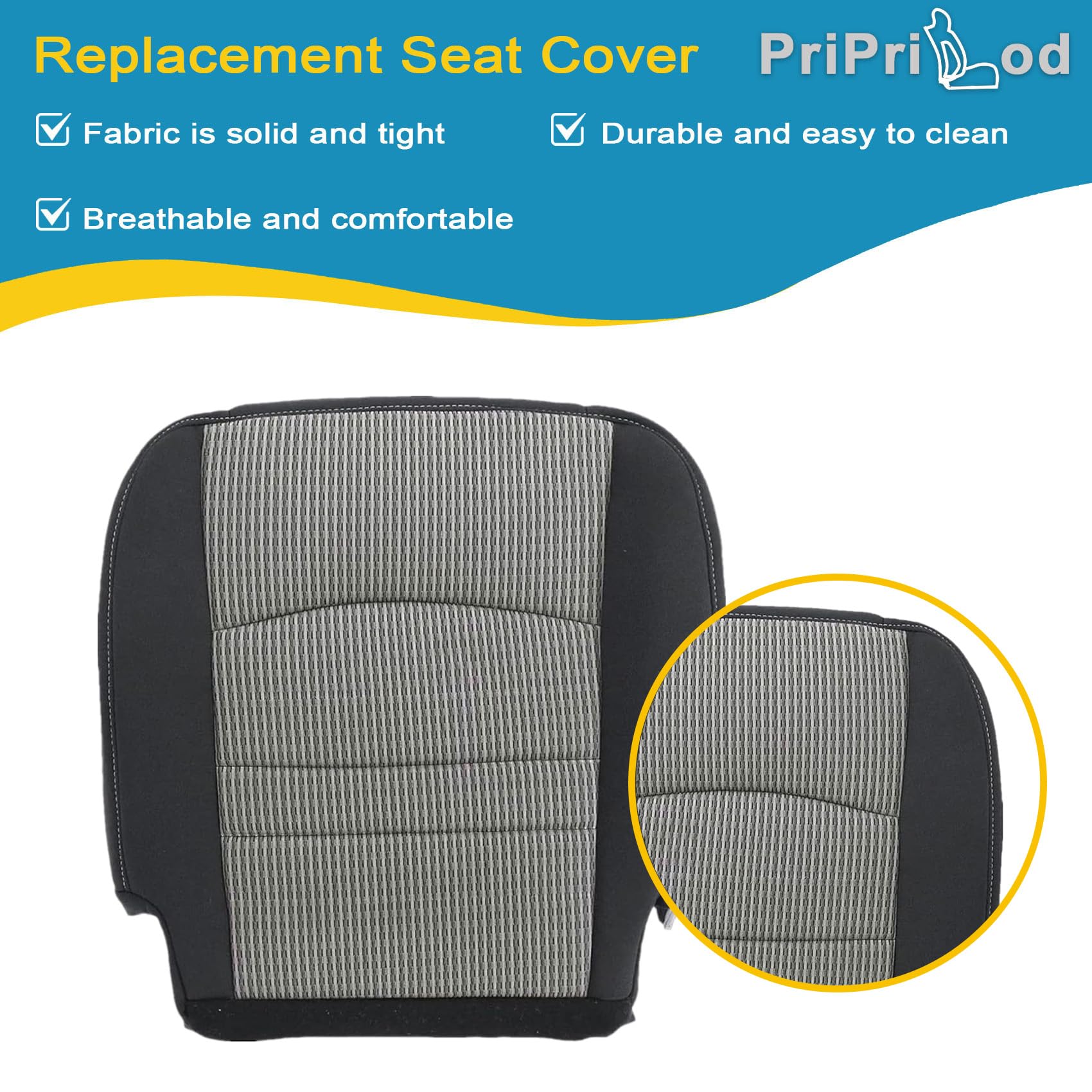 Priprilod Cloth Gray/Black Passenger Side Bottom Replacement Seat Cover Compatible with Dodge Ram 1500 2500 3500 4500 5500 SLT 2