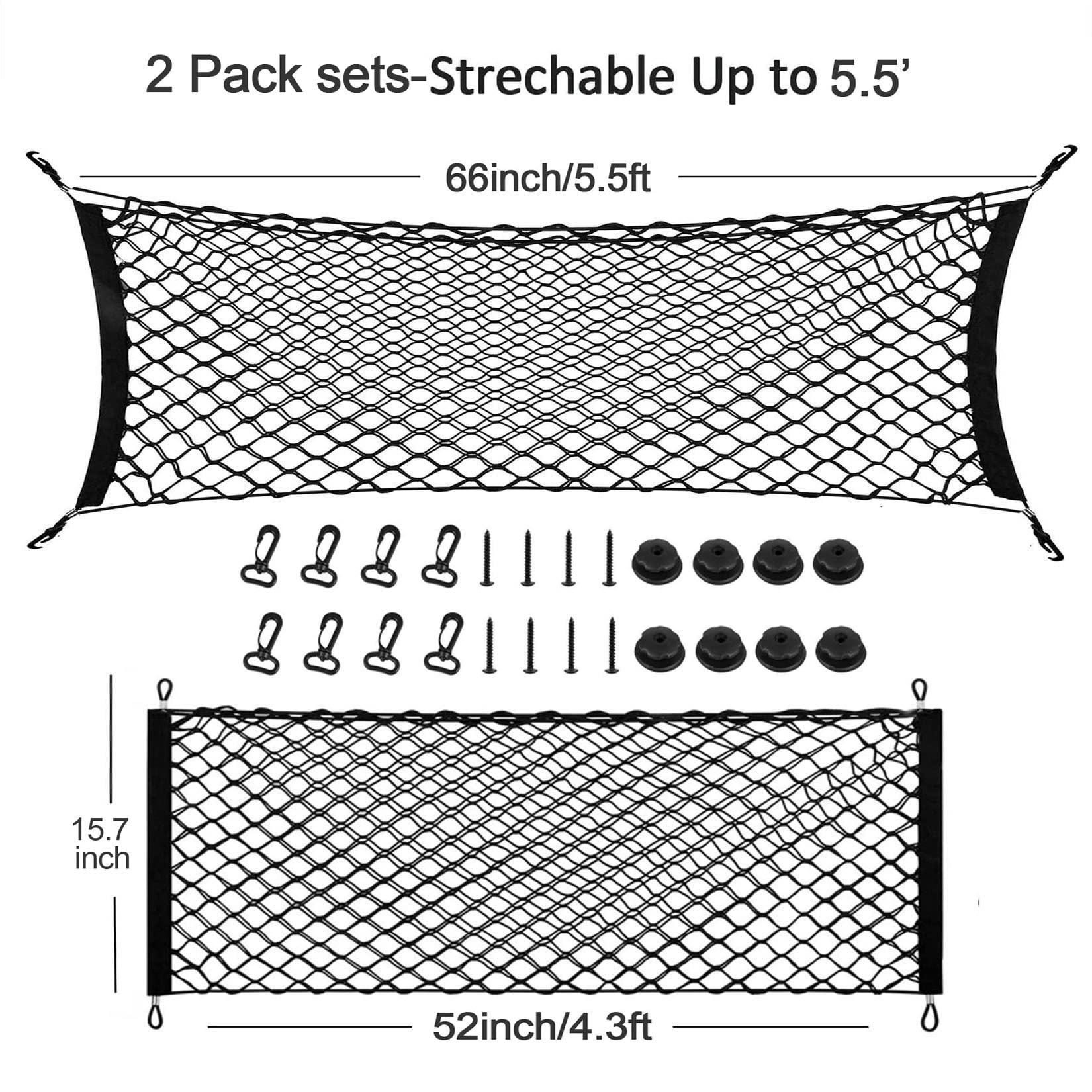 2Pcs Truck Bed Cargo Net For Pickup, 52''- 66'' Heavy Duty Envelope Truck Trunk Cargo Storage Organizer Mesh Net Truck Bed Accessories For Ford F150 Chevy Silverado Wt Ls Ltz Gmc Sierra (4.3Ft-5.5Ft)