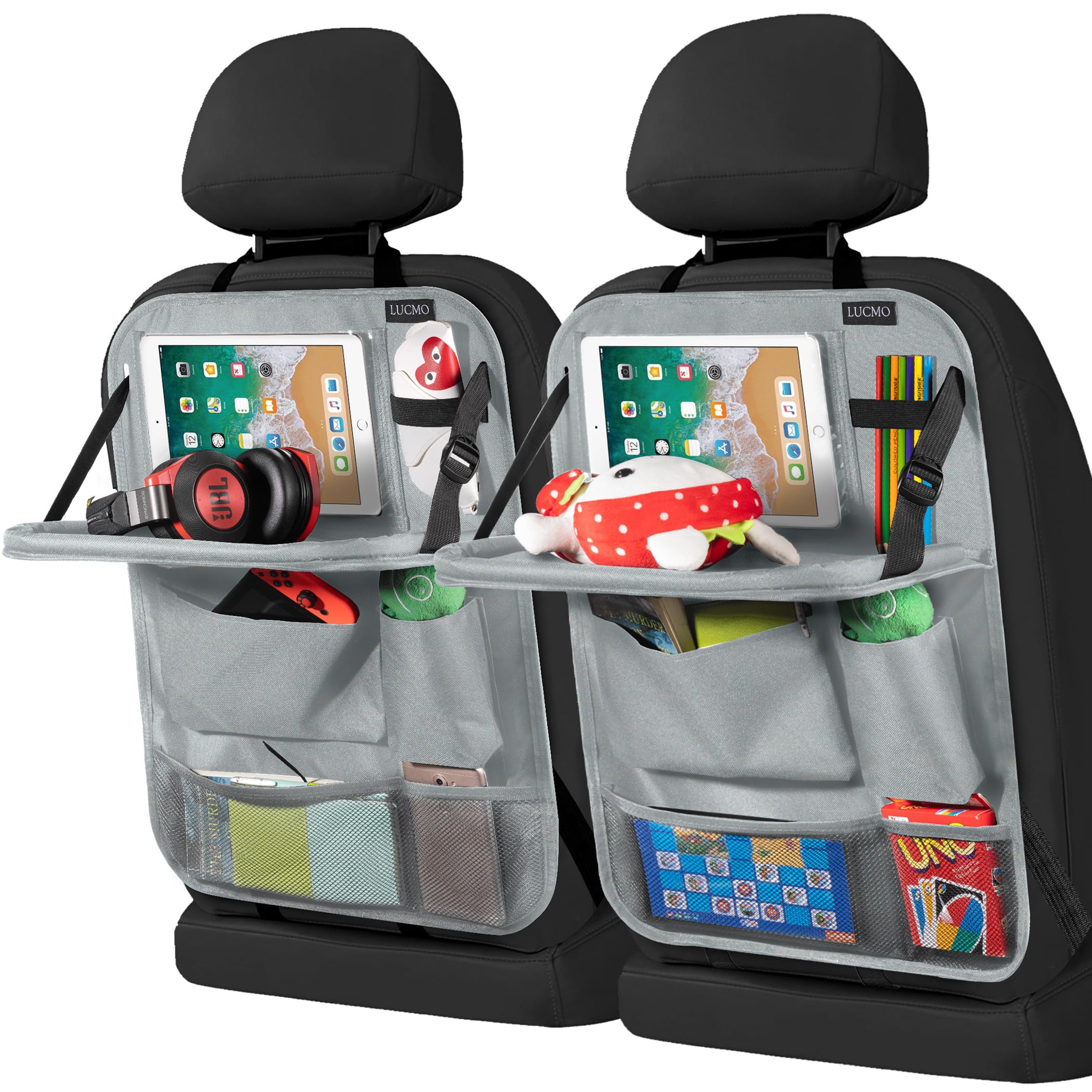 LUCMO Car Backseat Organizer with Tablet Holder-2 Pcs,6 Storage Pockets Car Storage Organizer with Foldable Food Tray Protectors