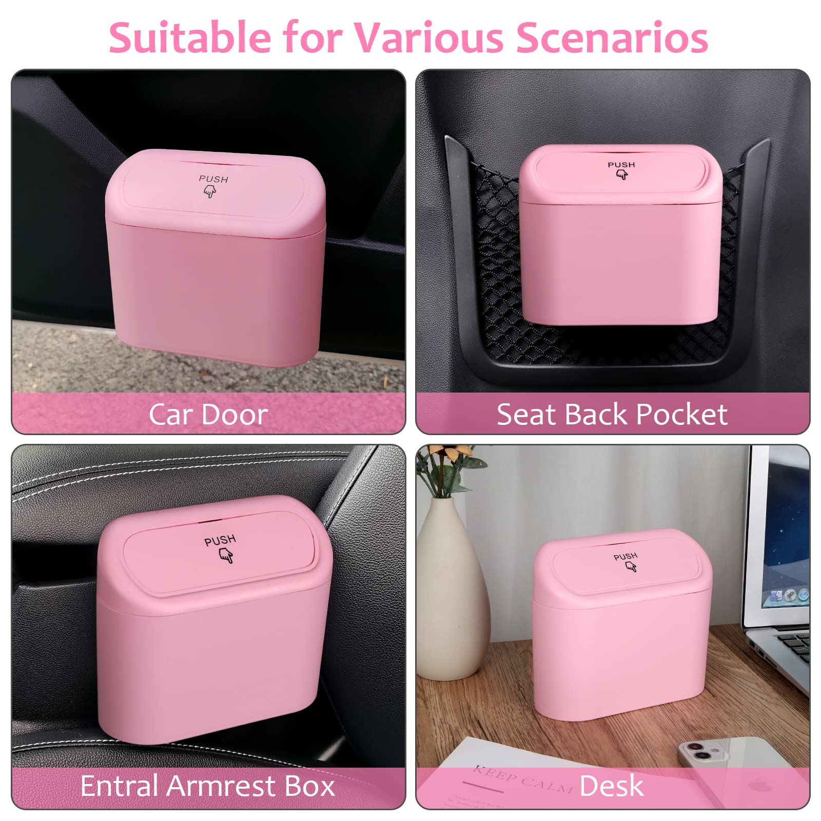Accmor Car Trash Can With Lid, 2 Pack Pink Mini Vehicle Trash Bin Car Dustbin Garbage Organizer Holder With Trash Bag, Small Hanging Leakproof Auto Storage Bag Container For Car Suv Home Office
