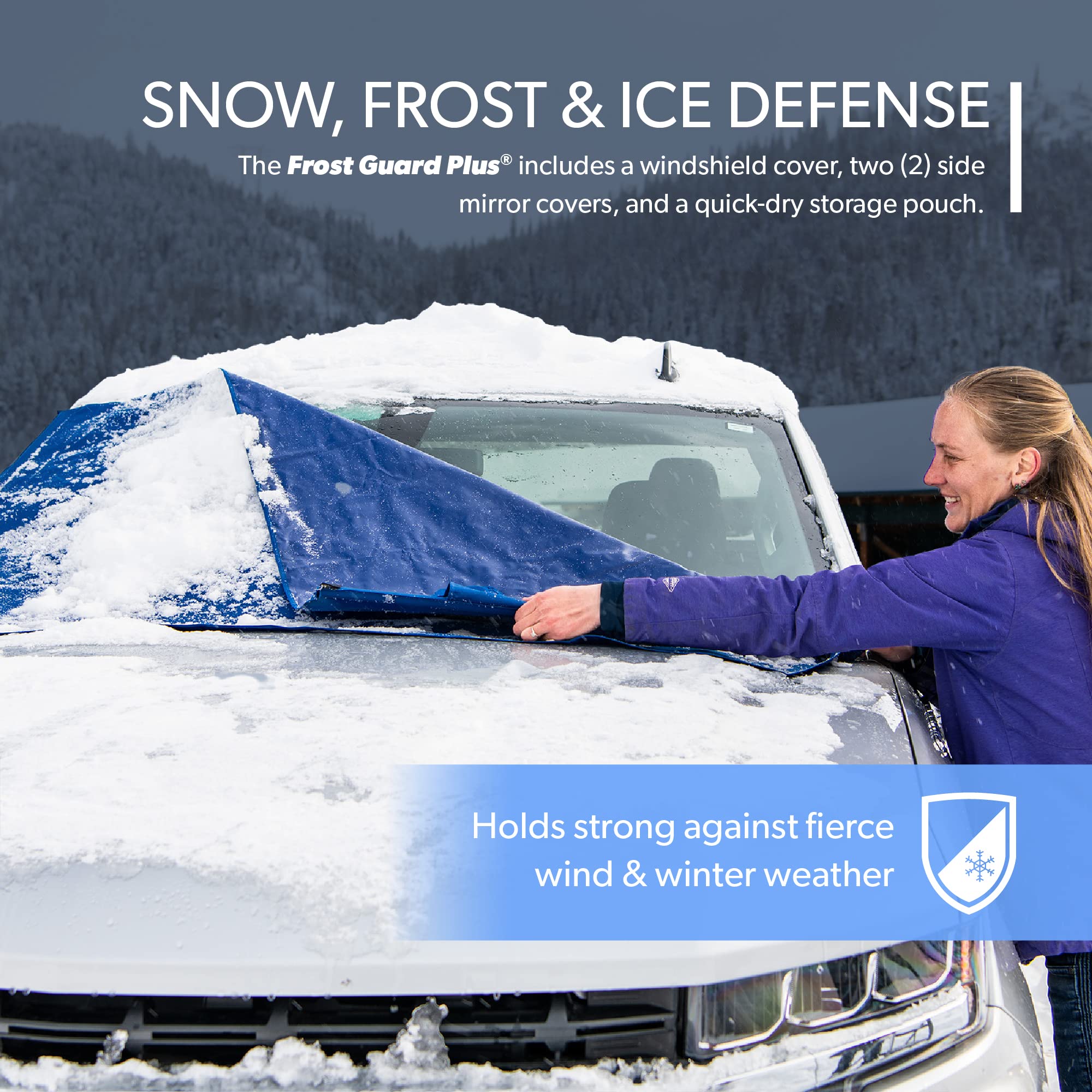 Frostguard Plus | Winter Windshield Cover For Ice And Snow, Standard Size (Indigo) - Built-In Security Panels, Wiper Blade Cover