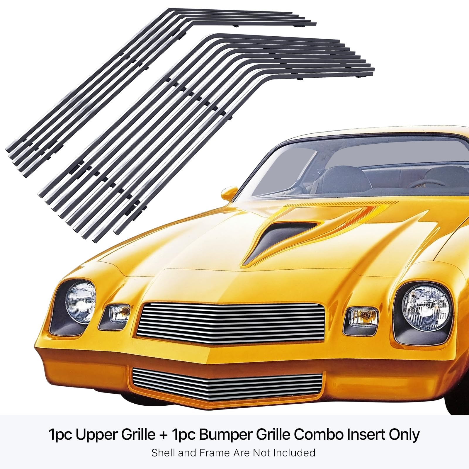 Aps Premium Stainless Steel Silver Horizontal Billet Grille Insert Compatible With Chevy Camaro 1978-1981 Combo N19-C43018C