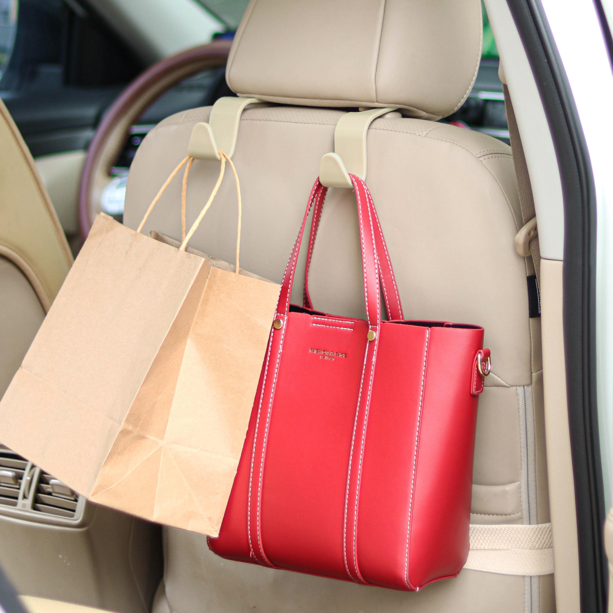 Amooca Universal Multifunctional Car Vehicle Headrest Hook, Organizer Hanger Storage Hook For Bag Purse Cloth Grocery (Beige Set