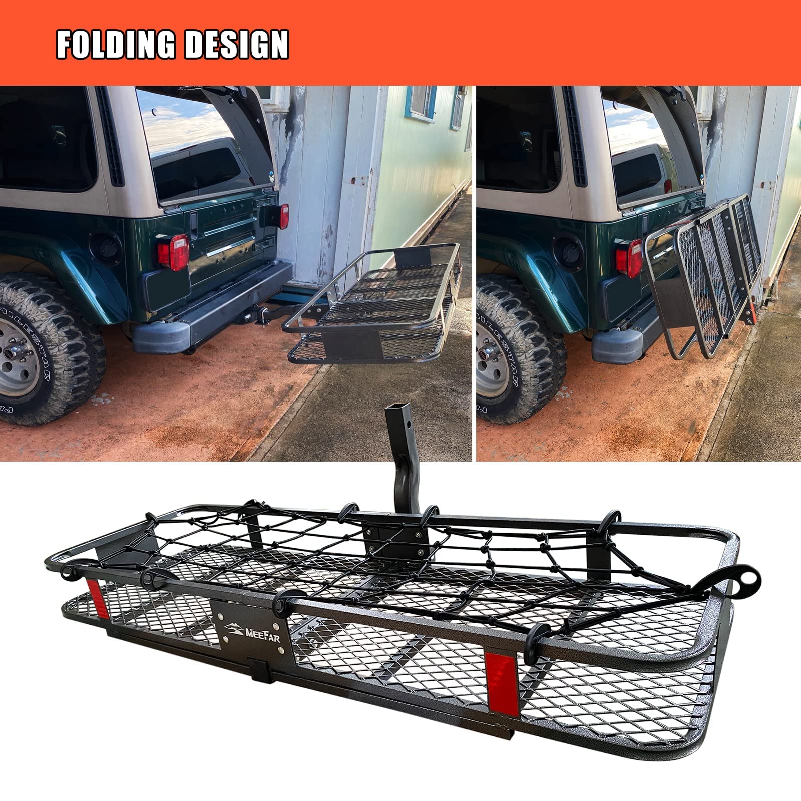 Meefar Folding Hitch Mount Cargo Carrier Basket 60'' X 20'' X 6''+Waterproof Cargo Bag 16 Cubic Feet(58'' 19'' 24''),Hauling Wei